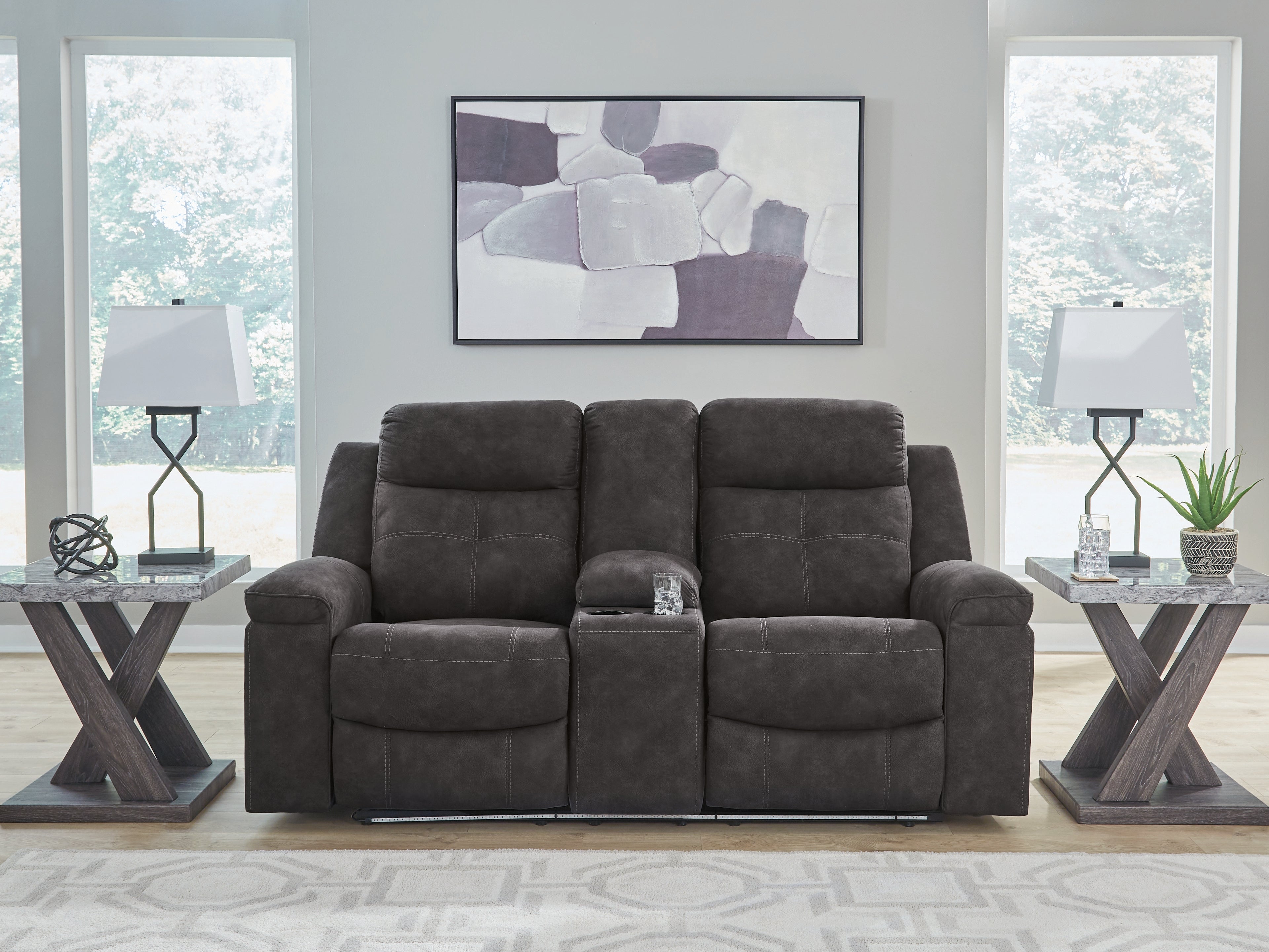 Bay Furniture Gallery - Ashley Furniture - Brysonview Living Room - DBL Rec Loveseat w/Console / Charcoal - 6360594
