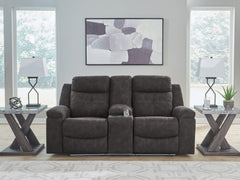 Bay Furniture Gallery - Ashley Furniture - Brysonview Living Room - DBL Rec Loveseat w/Console / Charcoal - 6360594