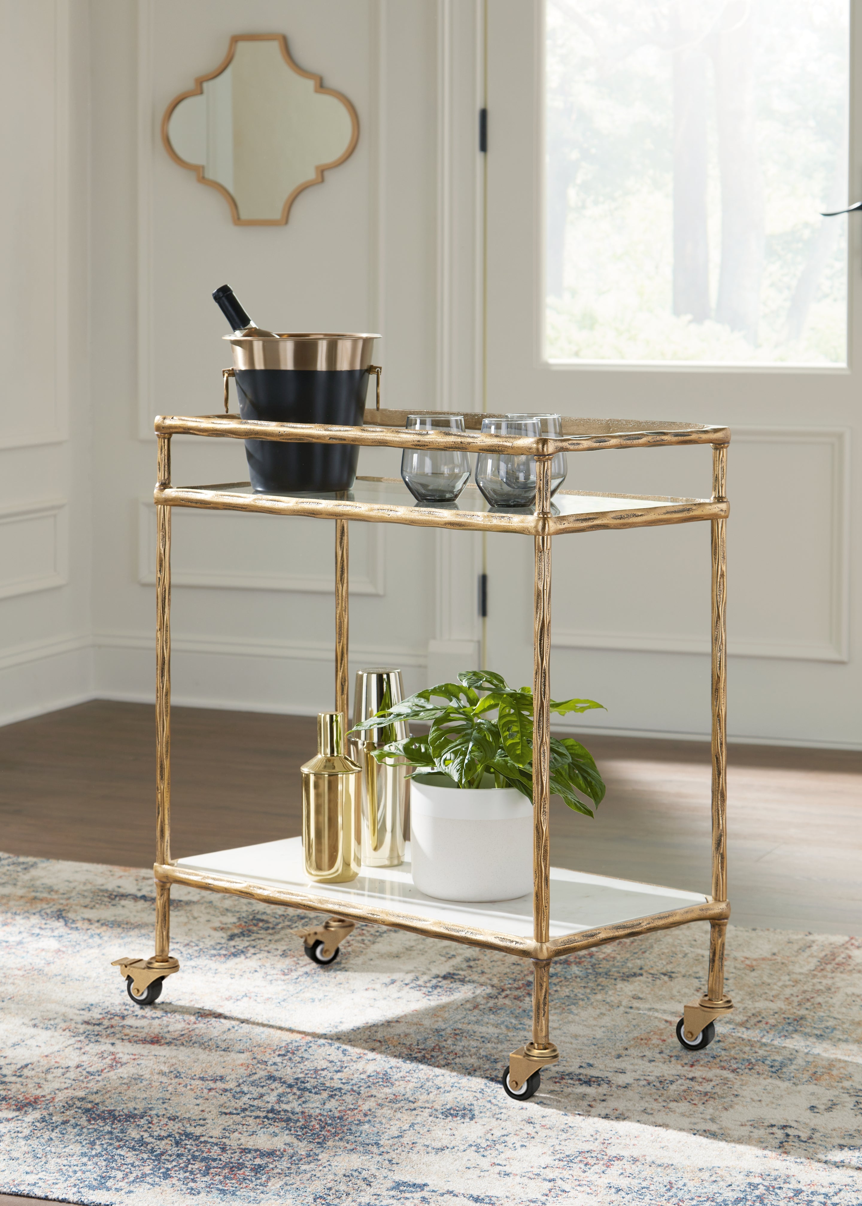 Bay Furniture Gallery - Ashley Furniture - Plattfield Bar Cart - Bar Cart / Antique Gold Finish - A4000625