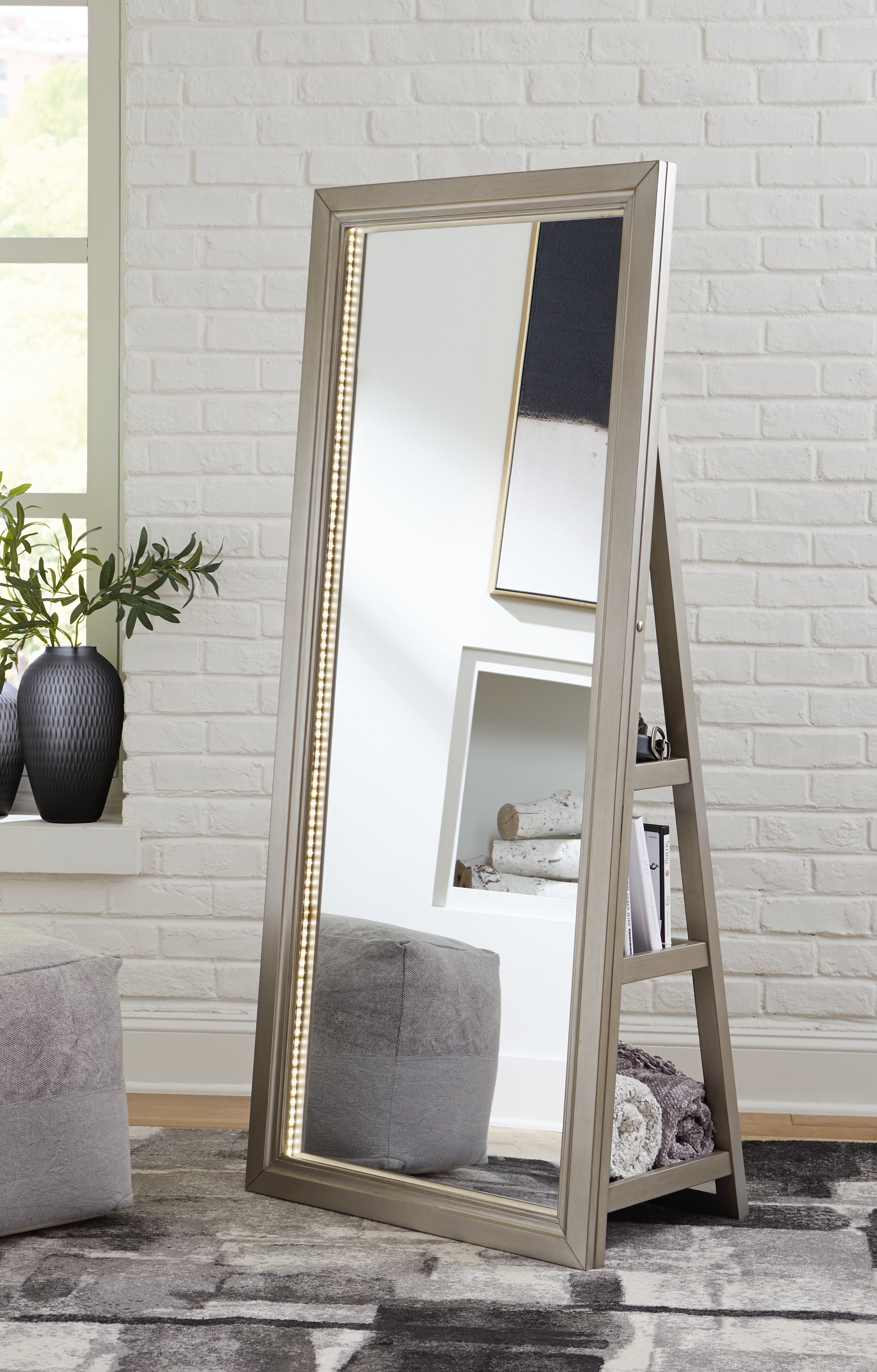 Bay Furniture Gallery - Ashley Furniture - Evesen Mirror - Floor Standing Mirror/Storage / White - A8010383