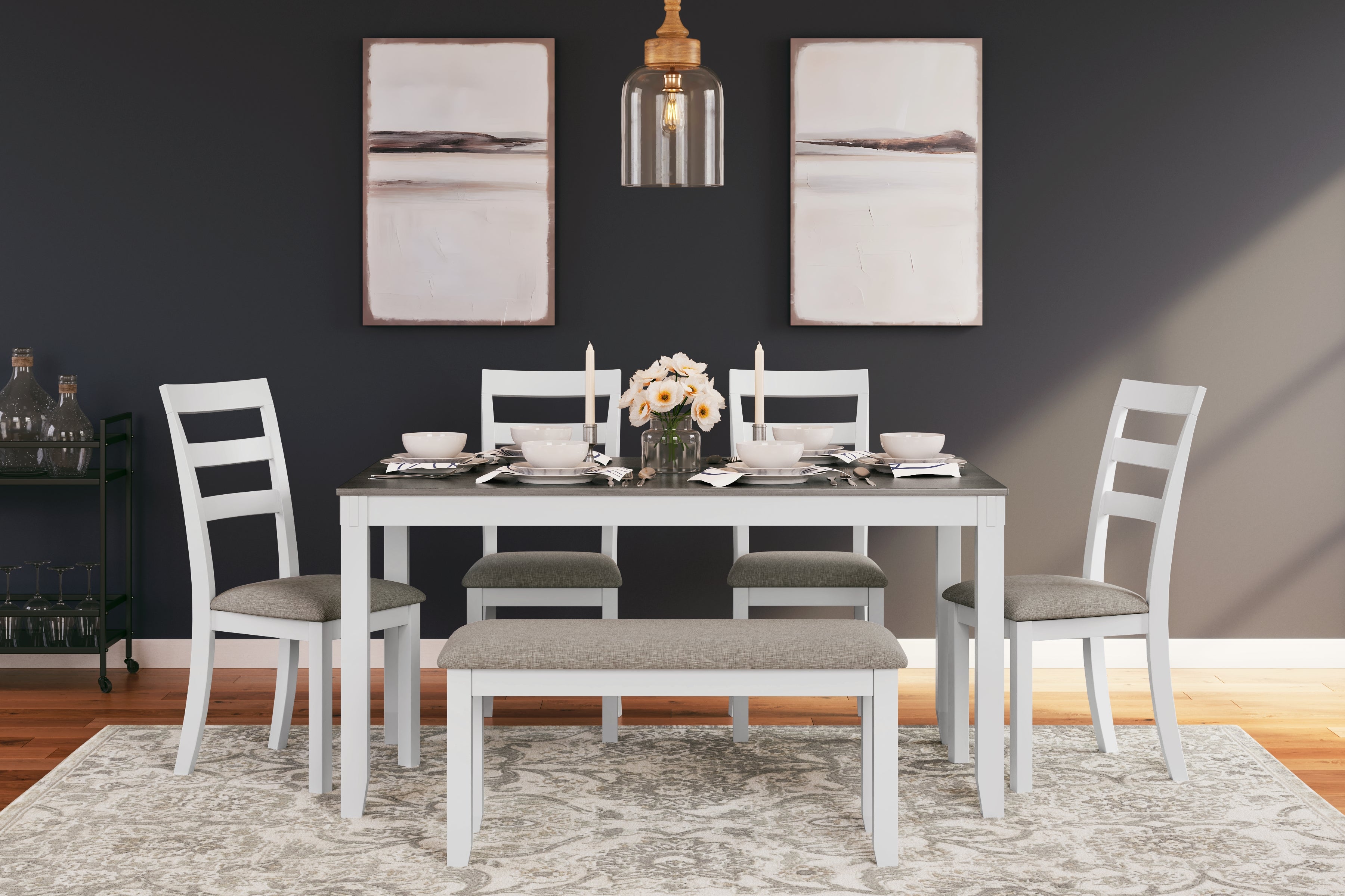 Bay Furniture Gallery - Ashley Furniture - Stonehollow Dining Room - RECT DRM Table Set (6/CN) / White/Gray - D382-325