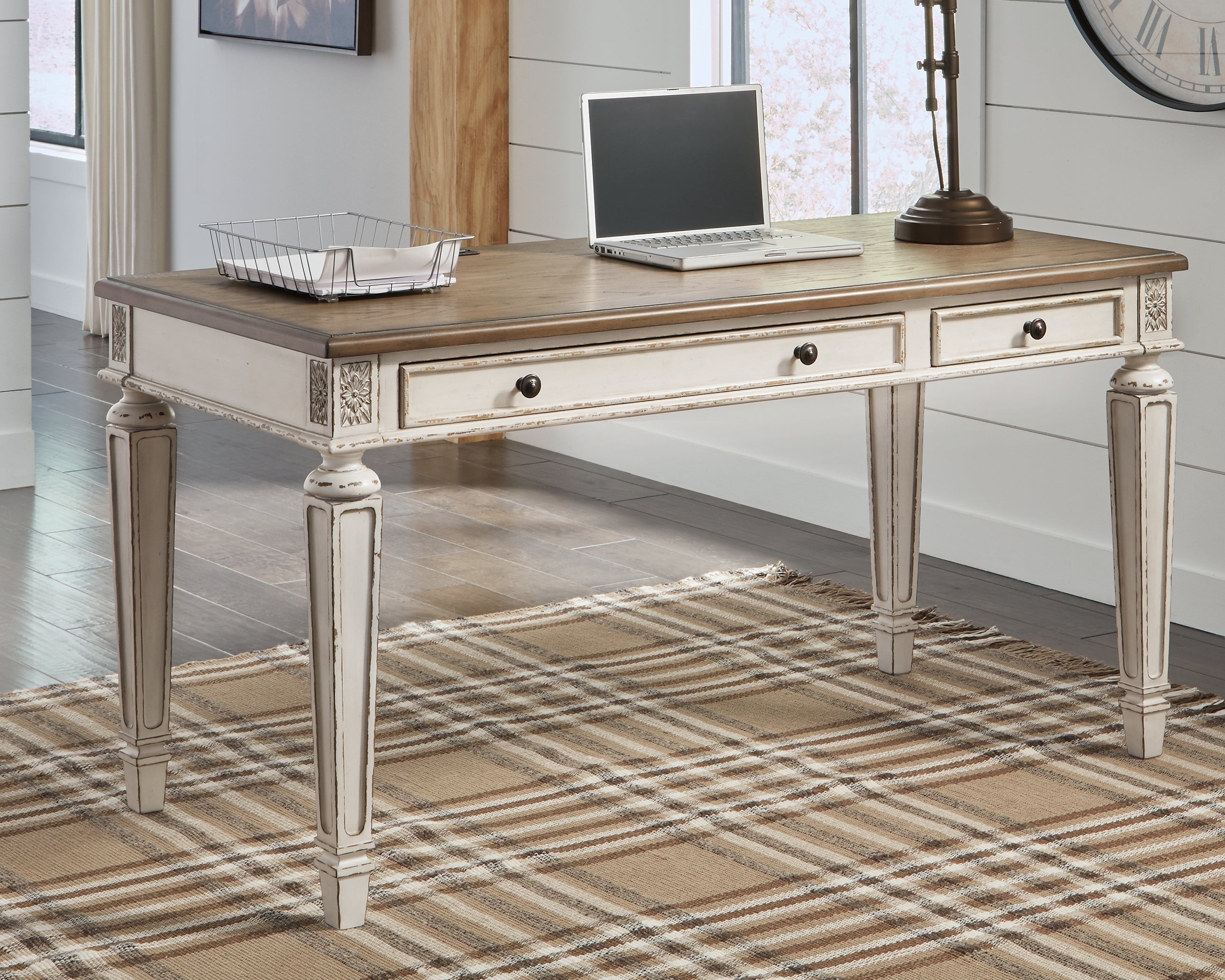 Bay Furniture Gallery - Ashley Furniture - Realyn Office Desk - 2-Piece Home Office Desk / White/Brown - H743H2