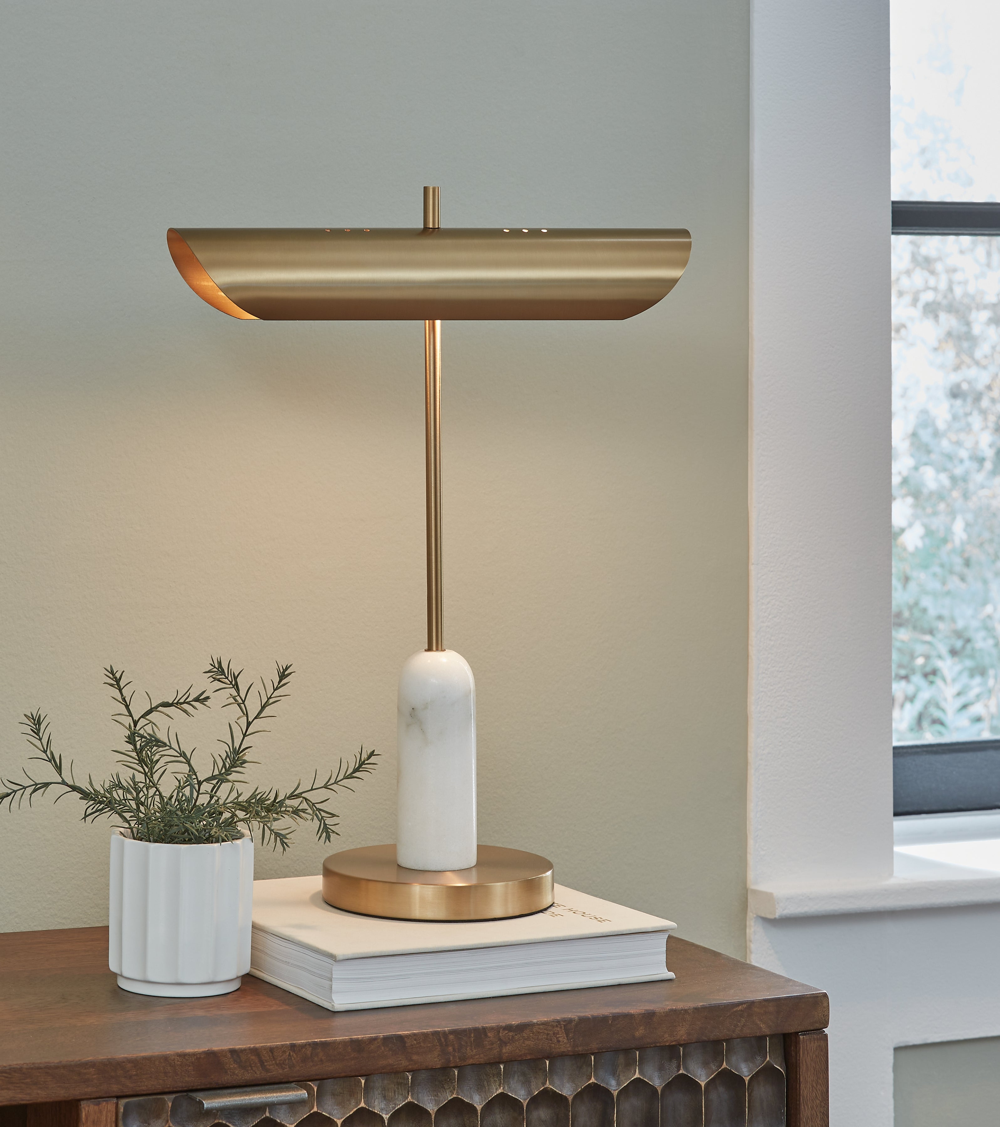 Bay Furniture Gallery - Ashley Furniture - Rowleigh Lighting - Marble Desk Lamp (1/CN) / Gold Finish/White - L734392