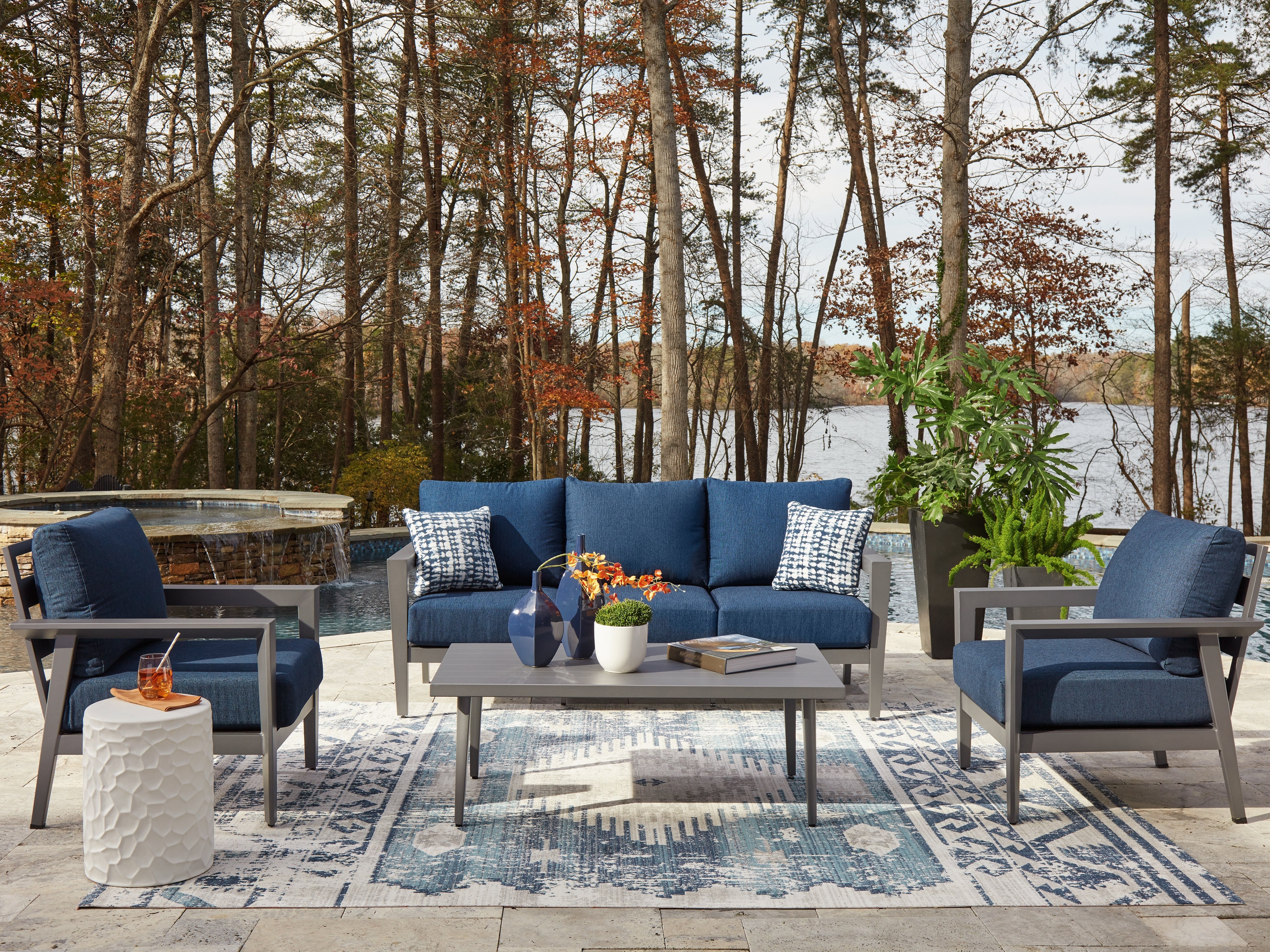 Bay Furniture Gallery - Ashley Furniture - Gali Outdoor - Sofa/Chairs/Table Set (4/CN) / Gray/Blue - P275-081