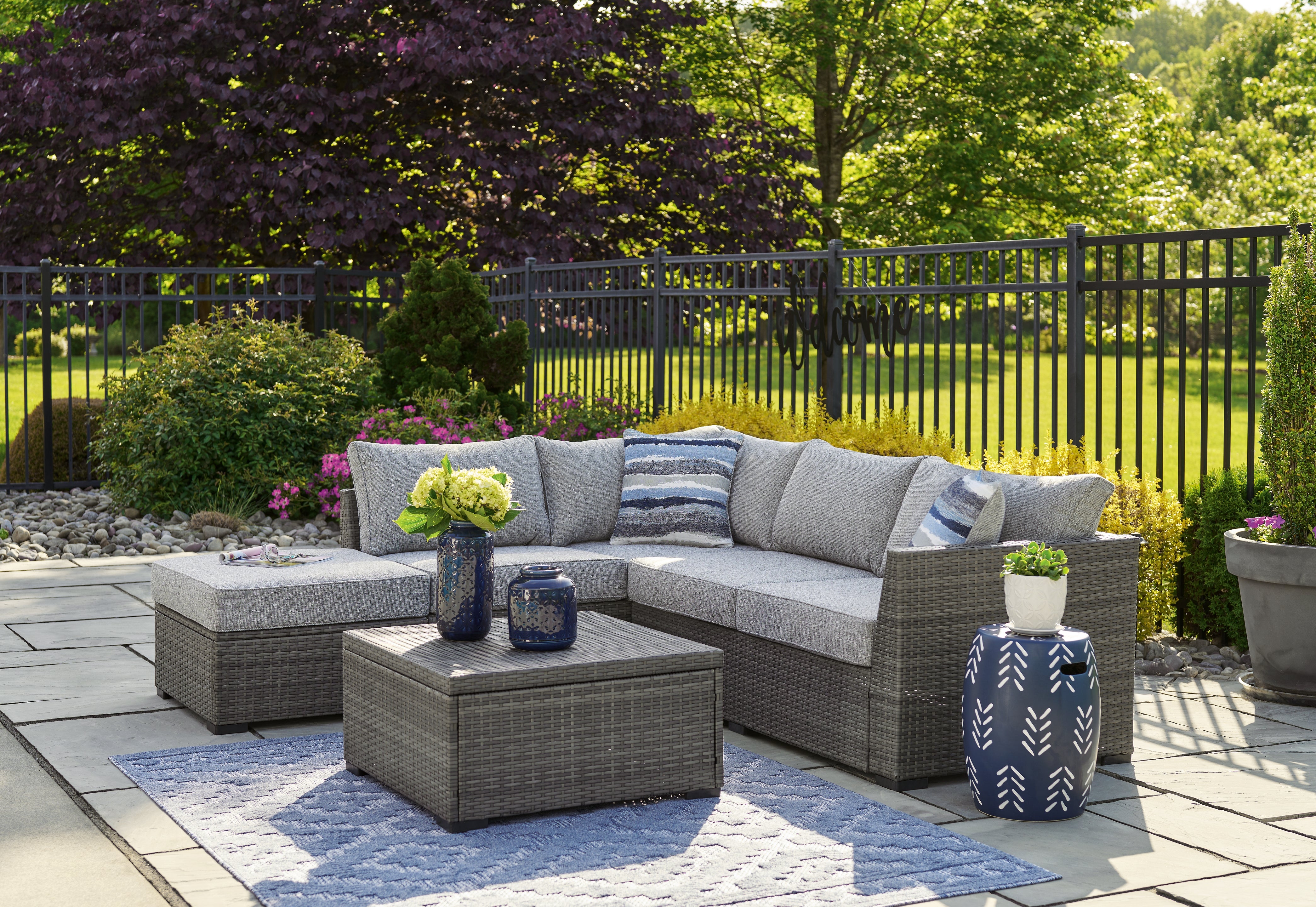 Bay Furniture Gallery - Ashley Furniture - Petal Road Outdoor - LoveseatSEC/OTTO/TBL Set(4/CN) / Gray - P297-070
