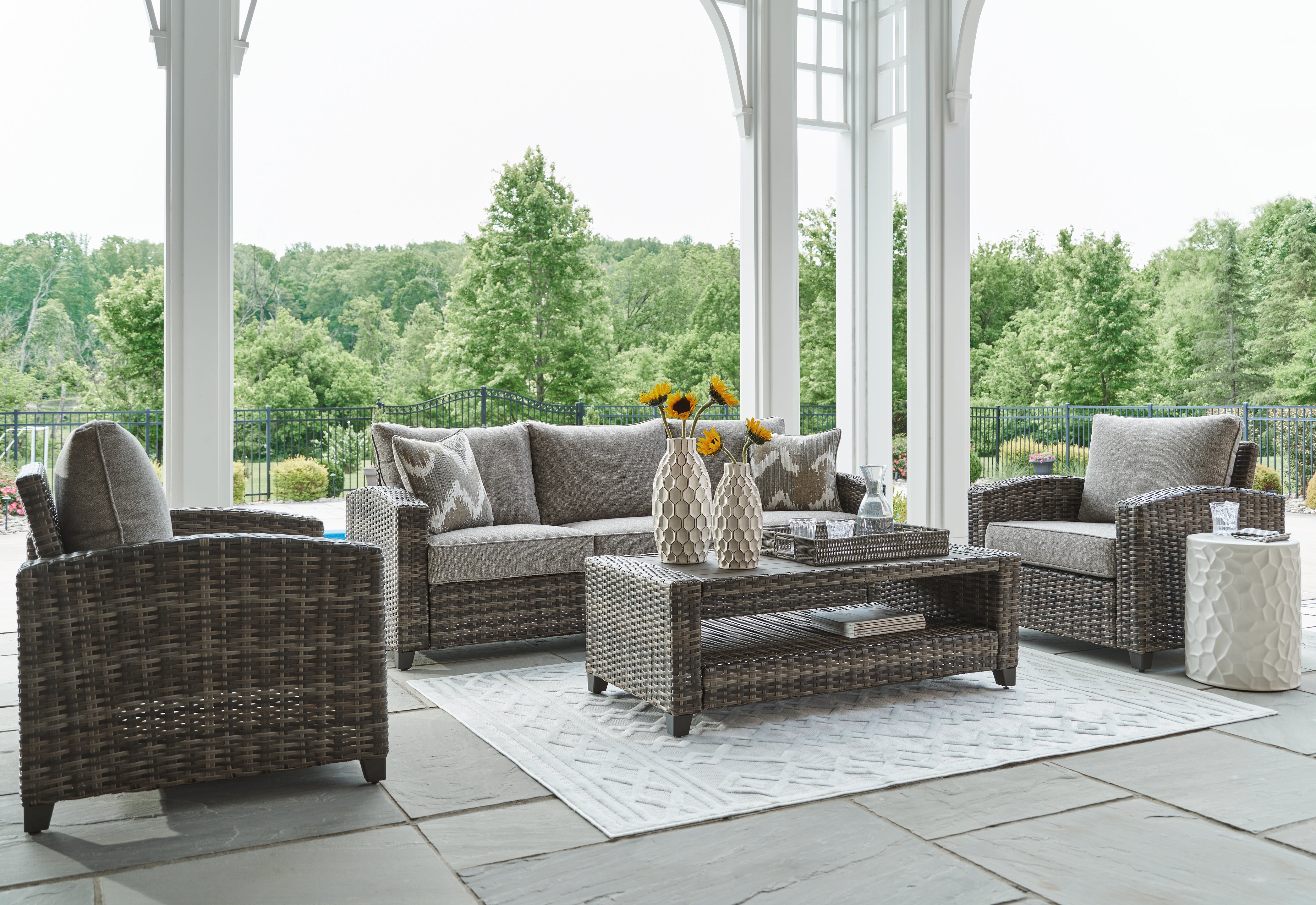 Bay Furniture Gallery - Ashley Furniture - Oasis Court Outdoor - Sofa/Chairs/Table Set (4/CN) / Gray - P335-081