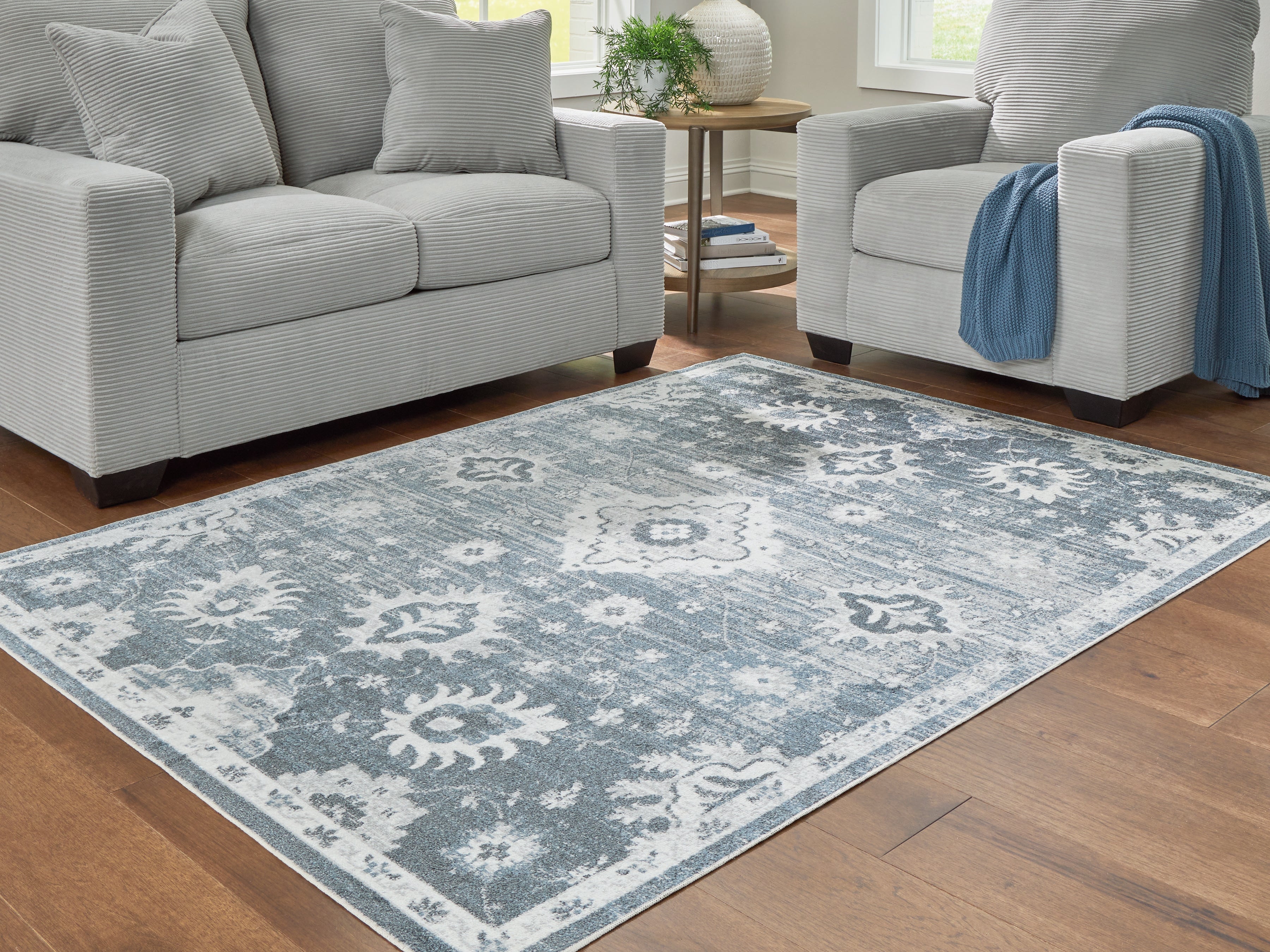Bay Furniture Gallery - Ashley Furniture - Avanworths Rug - Washable 5'3" x 7' Area Rug / Blue/Gray/Ivory - R407792
