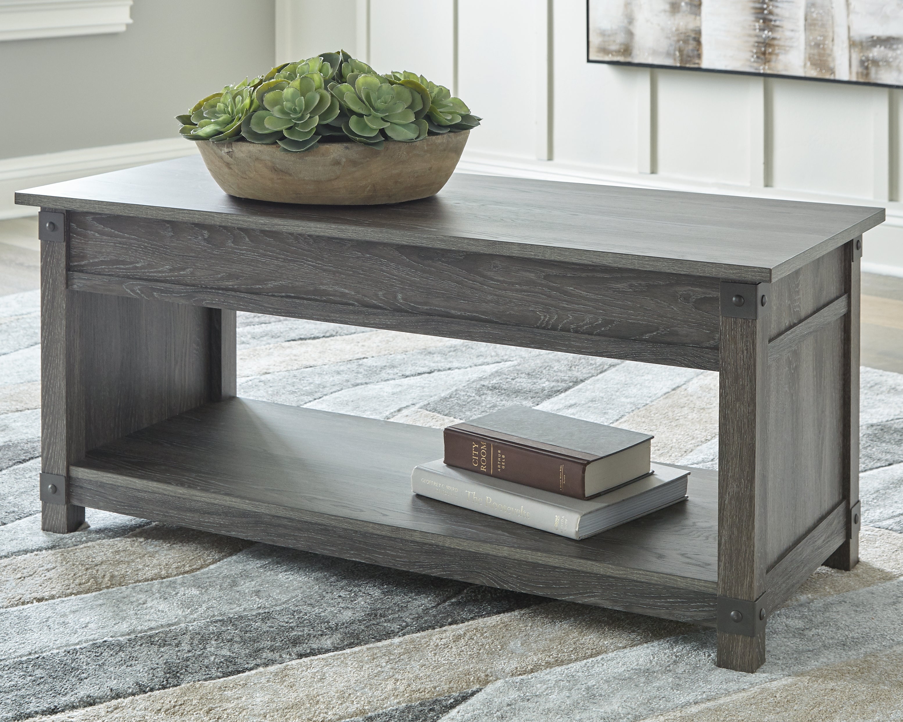 Bay Furniture Gallery - Ashley Furniture - Freedan Lift-Top Coffee Table - Rect Lift Top Cocktail Table / Grayish Brown - T175-9