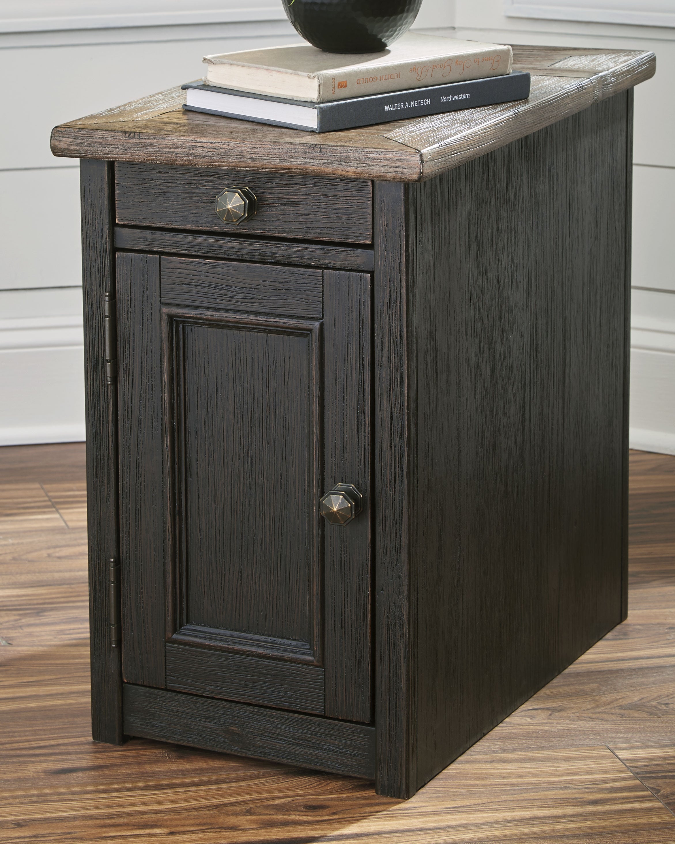Bay Furniture Gallery - Ashley Furniture - Tyler Creek Chairside End Table with USB Ports & Outlets - Chair Side End Table / Grayish Brown/Black - T736-7