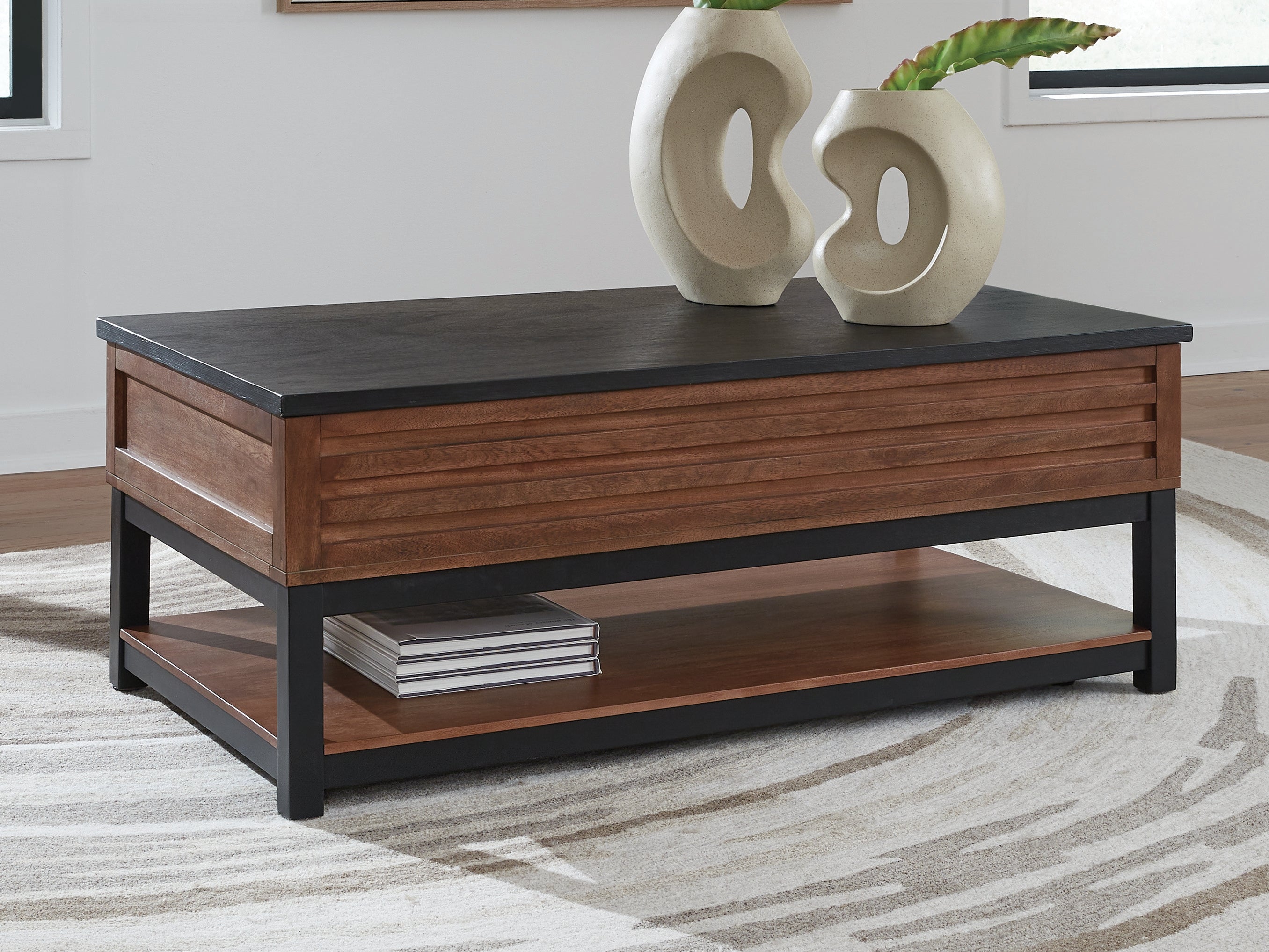 Bay Furniture Gallery - Ashley Furniture - Kallari Lift-Top Coffee Table - Lift Top Cocktail Table / Warm Brown/Black - T737-9