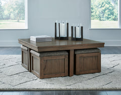 Bay Furniture Gallery - Ashley Furniture - Boardernest Coffee Table with 4 Stools - Cocktail TBL w/4 Stools (5/CN) / Brown - T738-20