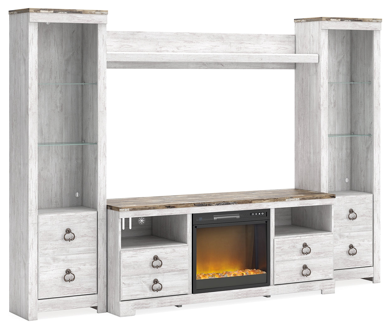 Bay Furniture Gallery - Ashley Furniture - Willowton 4-Piece Entertainment Center with Electric Fireplace - 4-Piece Entertainment Center with Electric Fireplace / Whitewash - W267W4