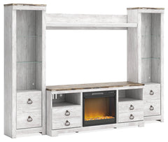 Bay Furniture Gallery - Ashley Furniture - Willowton 4-Piece Entertainment Center with Electric Fireplace - 4-Piece Entertainment Center with Electric Fireplace / Whitewash - W267W4