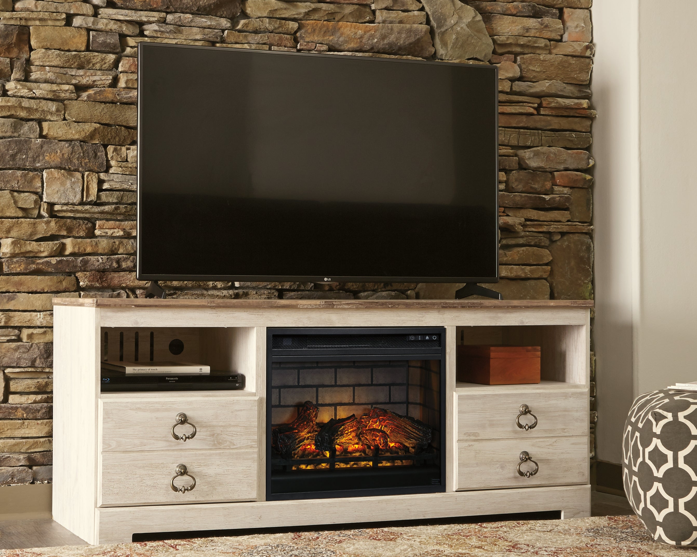 Bay Furniture Gallery - Ashley Furniture - Willowton 64" TV Stand with Electric Fireplace - 64" TV Stand with Electric Fireplace / Whitewash - W267W8