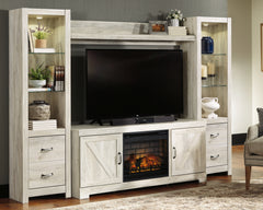 Bay Furniture Gallery - Ashley Furniture - Bellaby 4-Piece Entertainment Center with Electric Fireplace - 4-Piece Entertainment Center with Electric Fireplace / Whitewash - W331W8