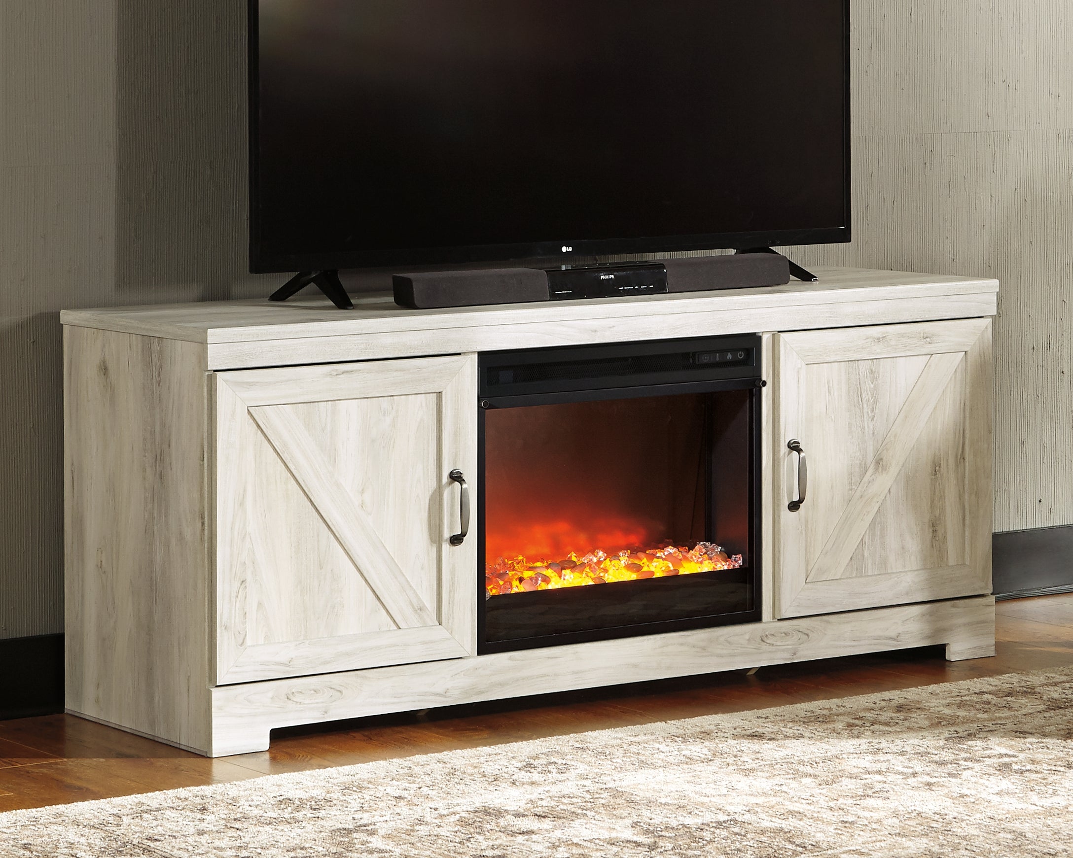 Bay Furniture Gallery - Ashley Furniture - Bellaby 63" TV Stand with Fireplace - 63" TV Stand with Fireplace / Whitewash - W331W4