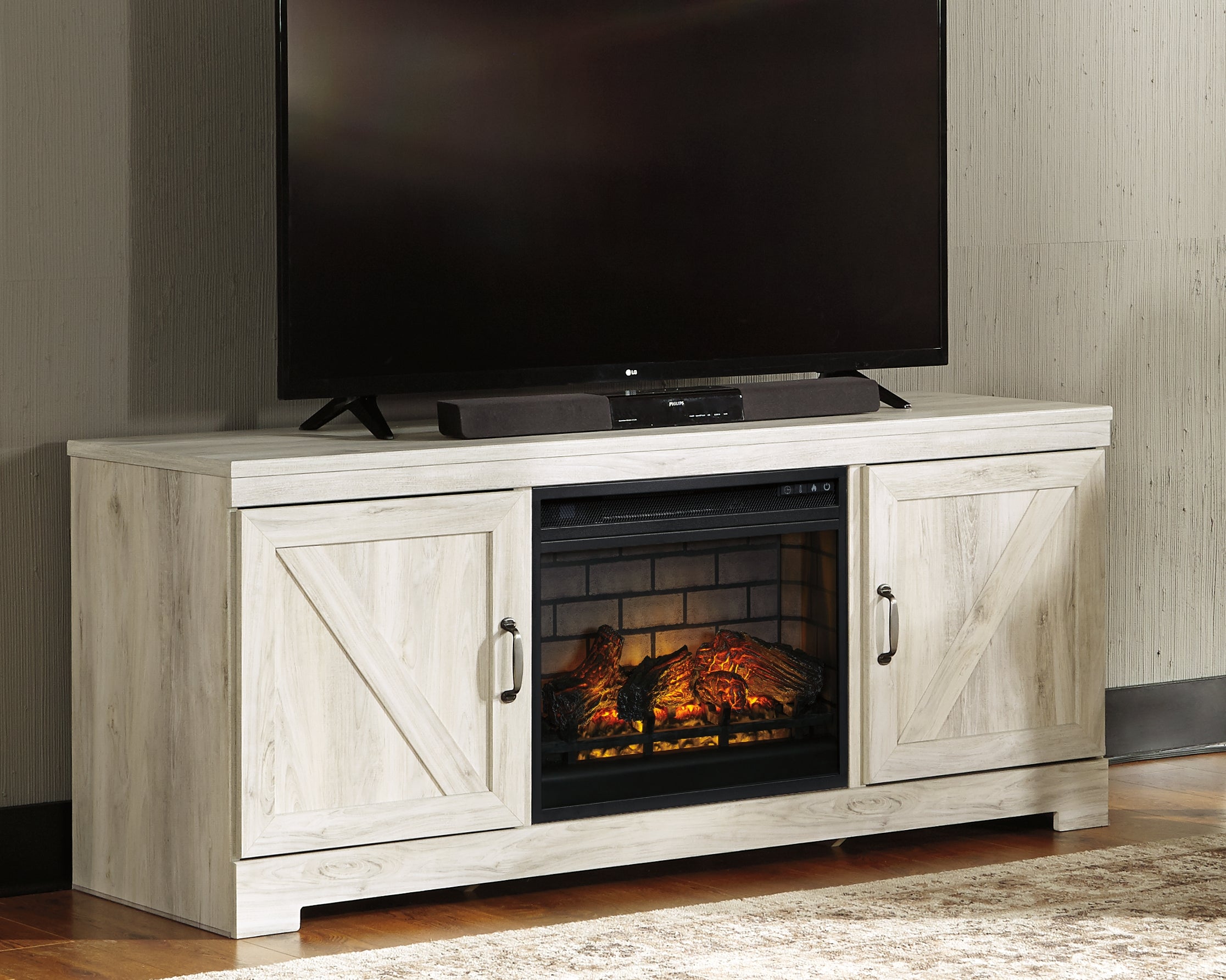 Bay Furniture Gallery - Ashley Furniture - Bellaby 63" TV Stand with Electric Fireplace - 63" TV Stand with Electric Fireplace / Whitewash - W331W9