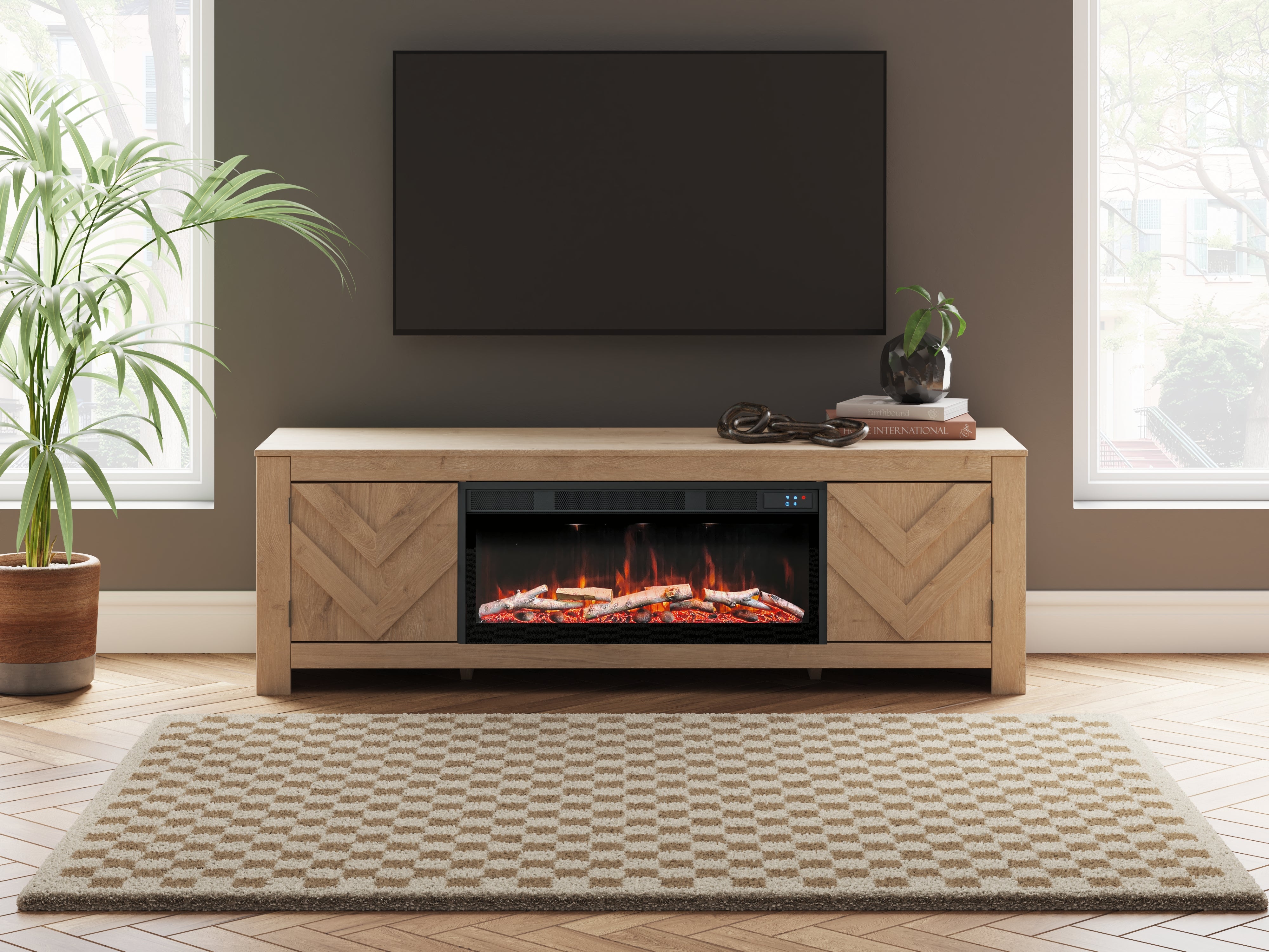 Bay Furniture Gallery - Ashley Furniture - Cayboni 71" TV Stand with Electric Fireplace - 71" TV Stand with Electric Fireplace / Tan - W3787W1