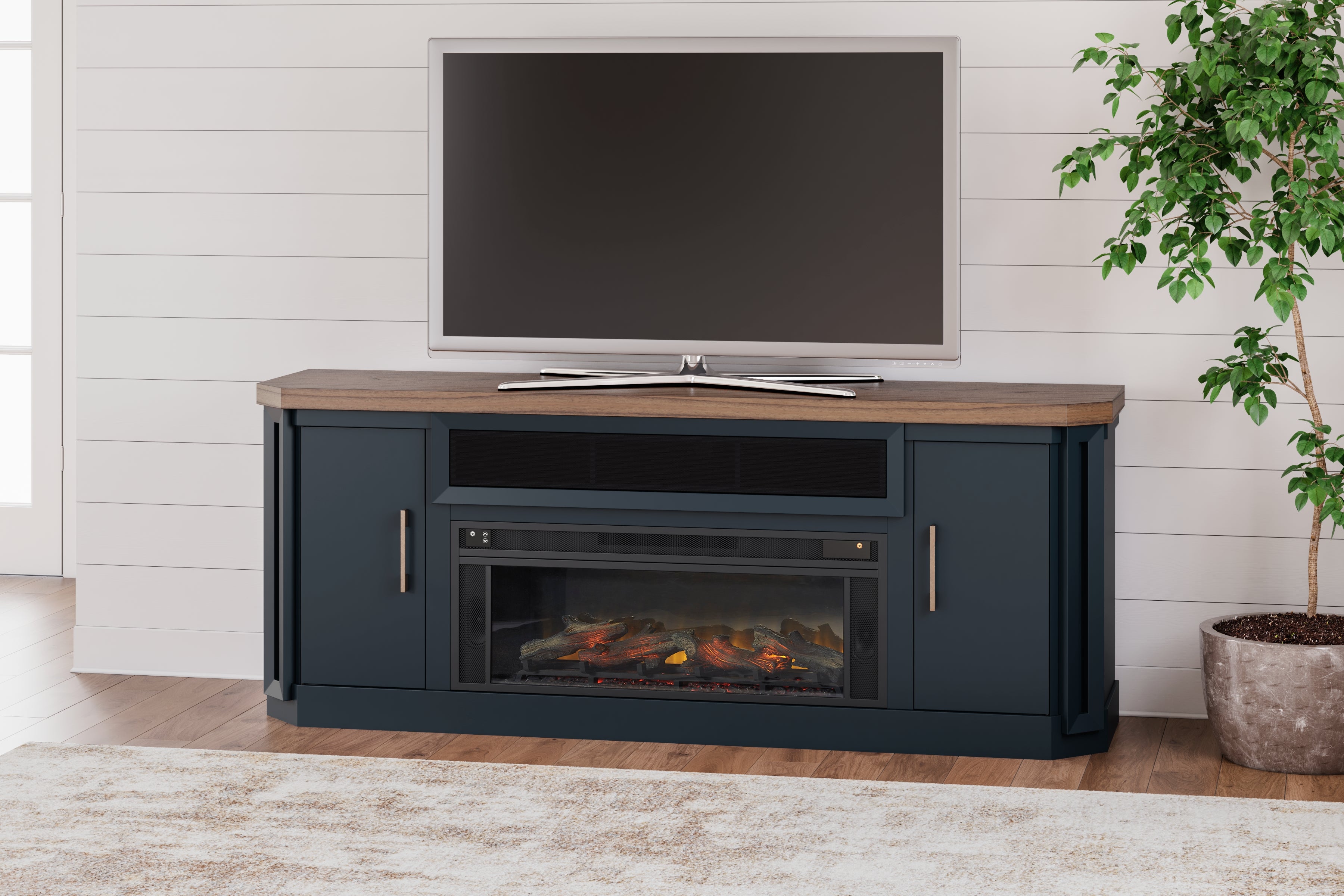 Bay Furniture Gallery - Ashley Furniture - Landocken 83" TV Stand - 83" / Brown/Blue - W402-68