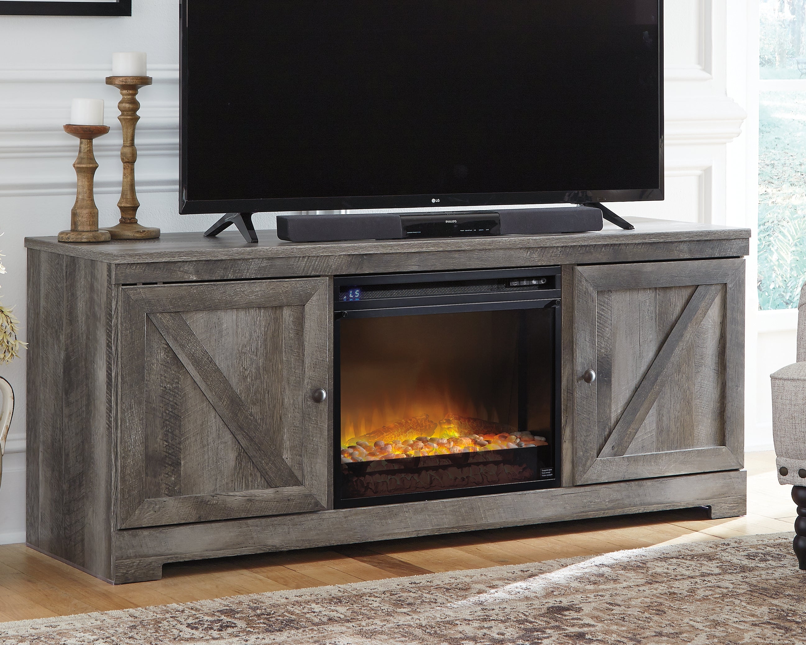 Bay Furniture Gallery - Ashley Furniture - Wynnlow 63" TV Stand with Electric Fireplace - 63" TV Stand with Electric Fireplace / Gray - W440W4