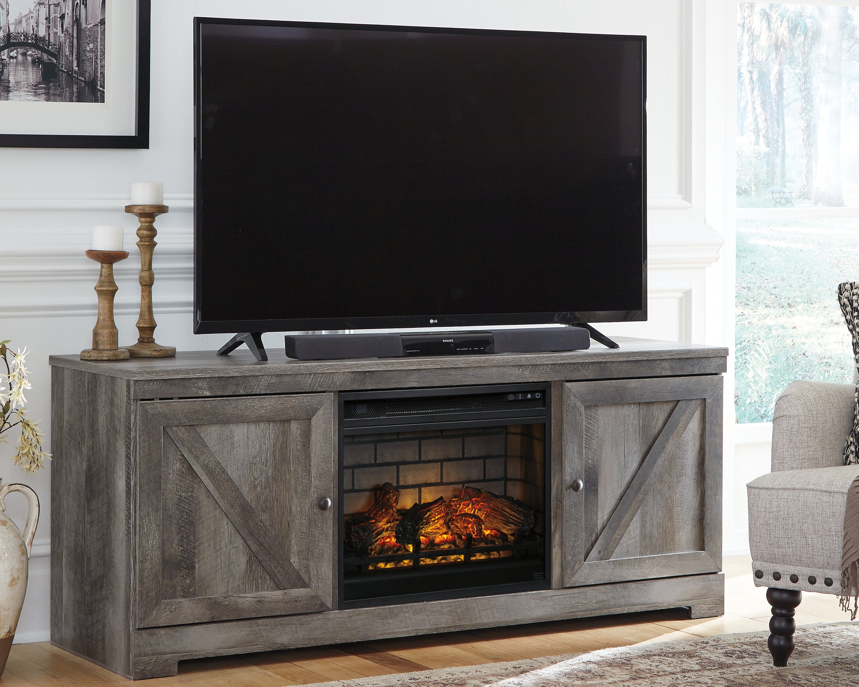 Bay Furniture Gallery - Ashley Furniture - Wynnlow 63" TV Stand with Electric Fireplace - 63" TV Stand with Electric Fireplace / Gray - W440W9