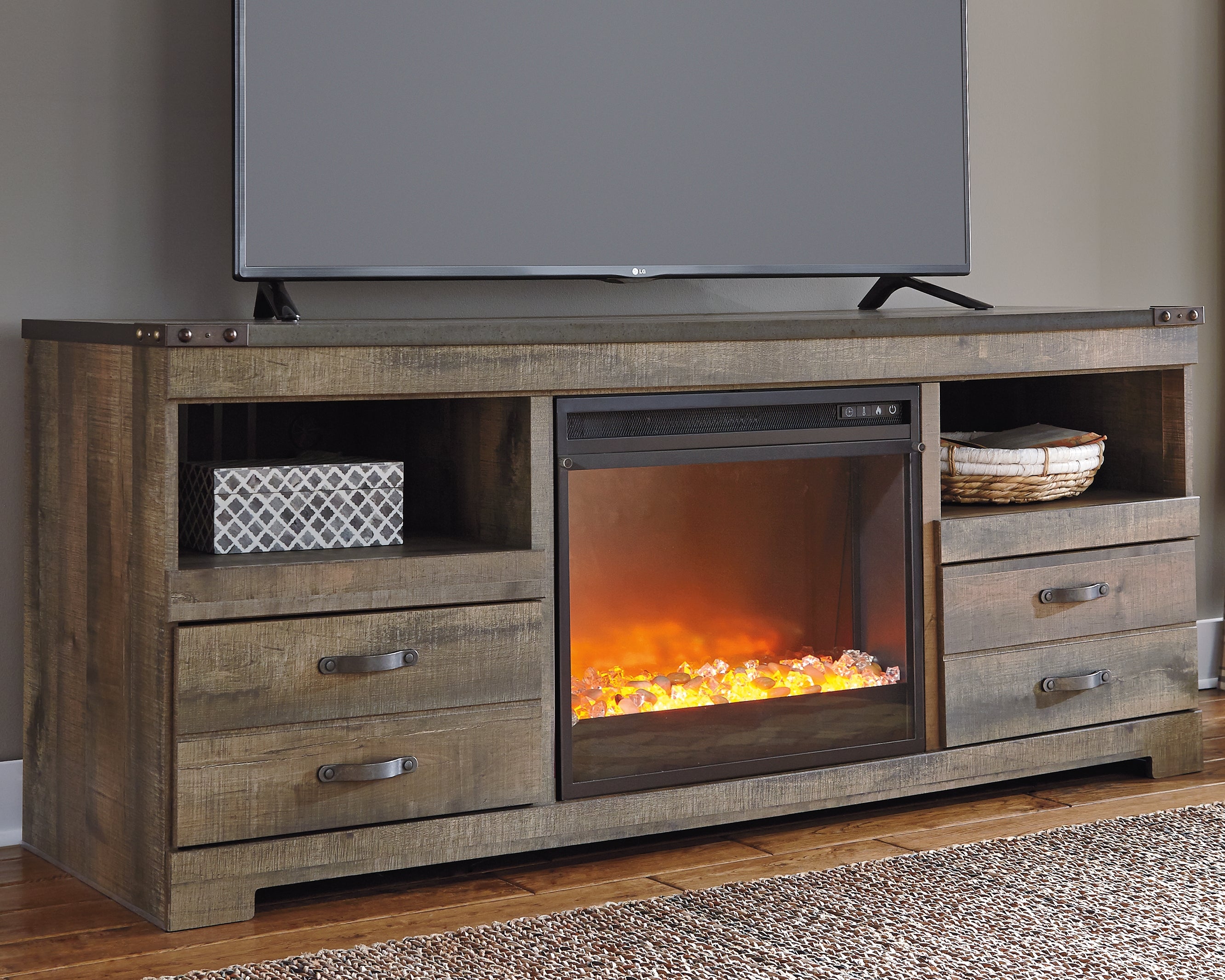 Bay Furniture Gallery - Ashley Furniture - Trinell 63" TV Stand with Electric Fireplace - 63" TV Stand with Electric Fireplace / Brown - W446W5