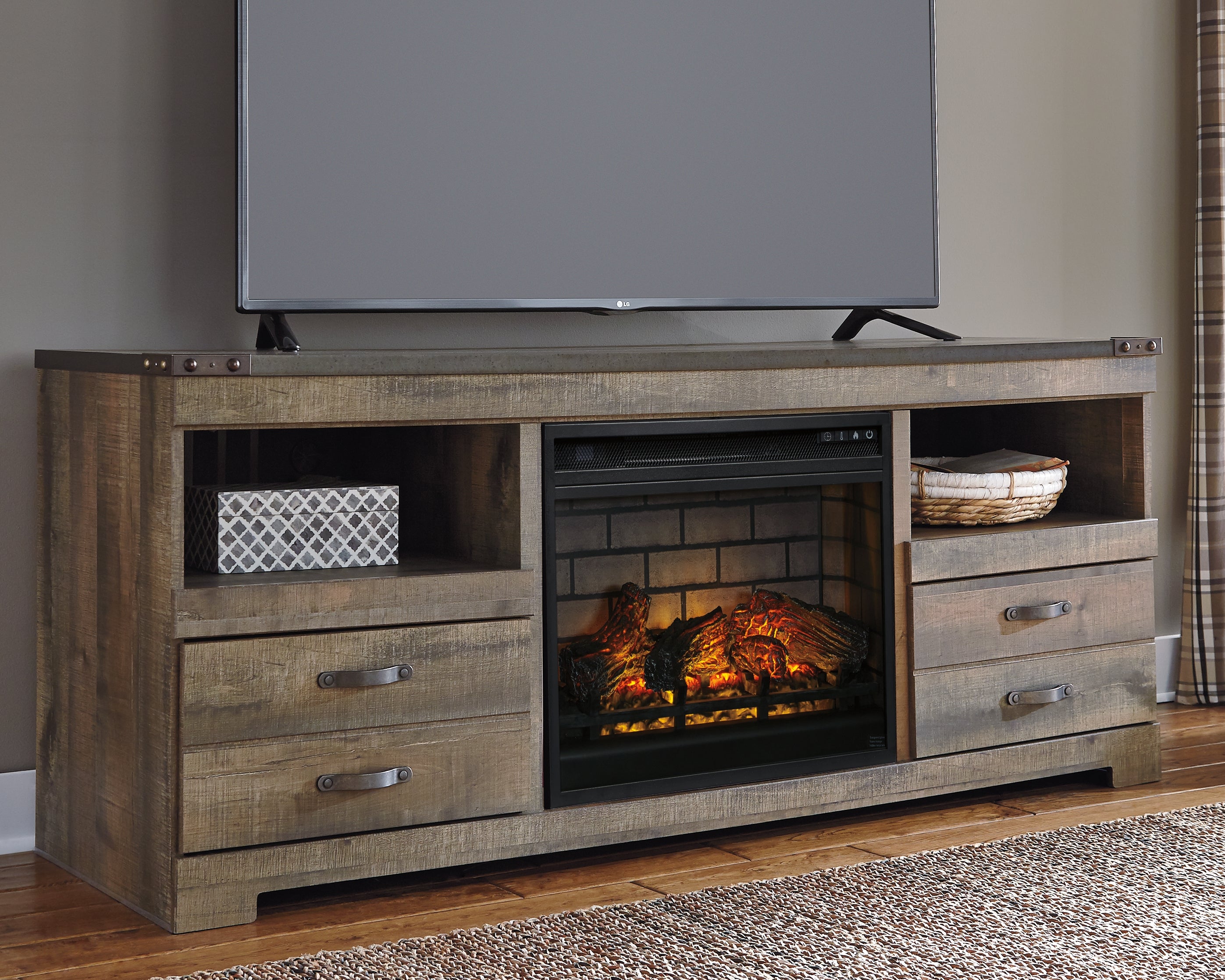 Bay Furniture Gallery - Ashley Furniture - Trinell 63" TV Stand with Electric Fireplace - 63" TV Stand with Electric Fireplace / Brown - W446W9