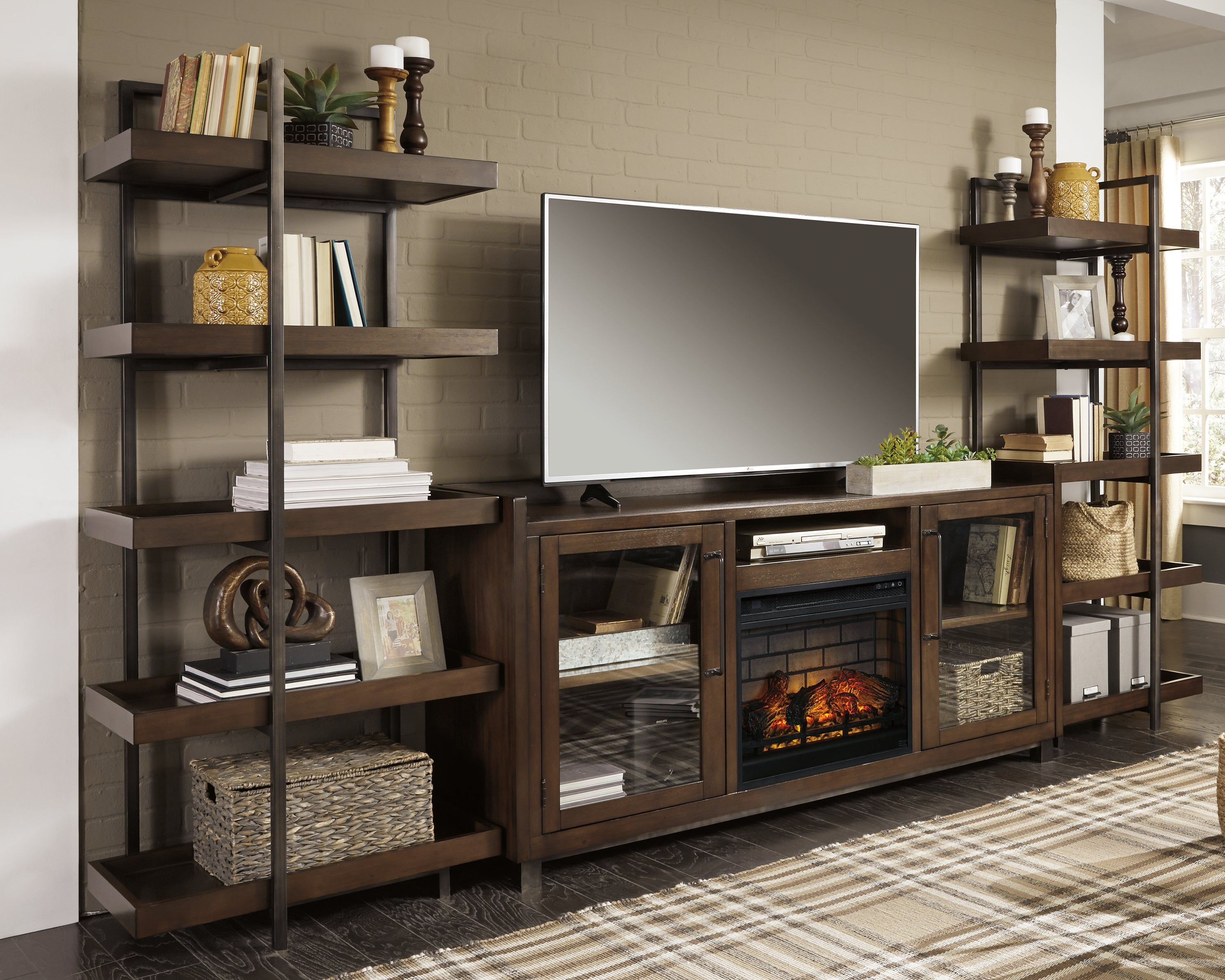 Bay Furniture Gallery - Ashley Furniture - Starmore 3-Piece Wall Unit with Electric Fireplace - 3-Piece Wall Unit with Electric Fireplace / Brown/Gunmetal - W633W6