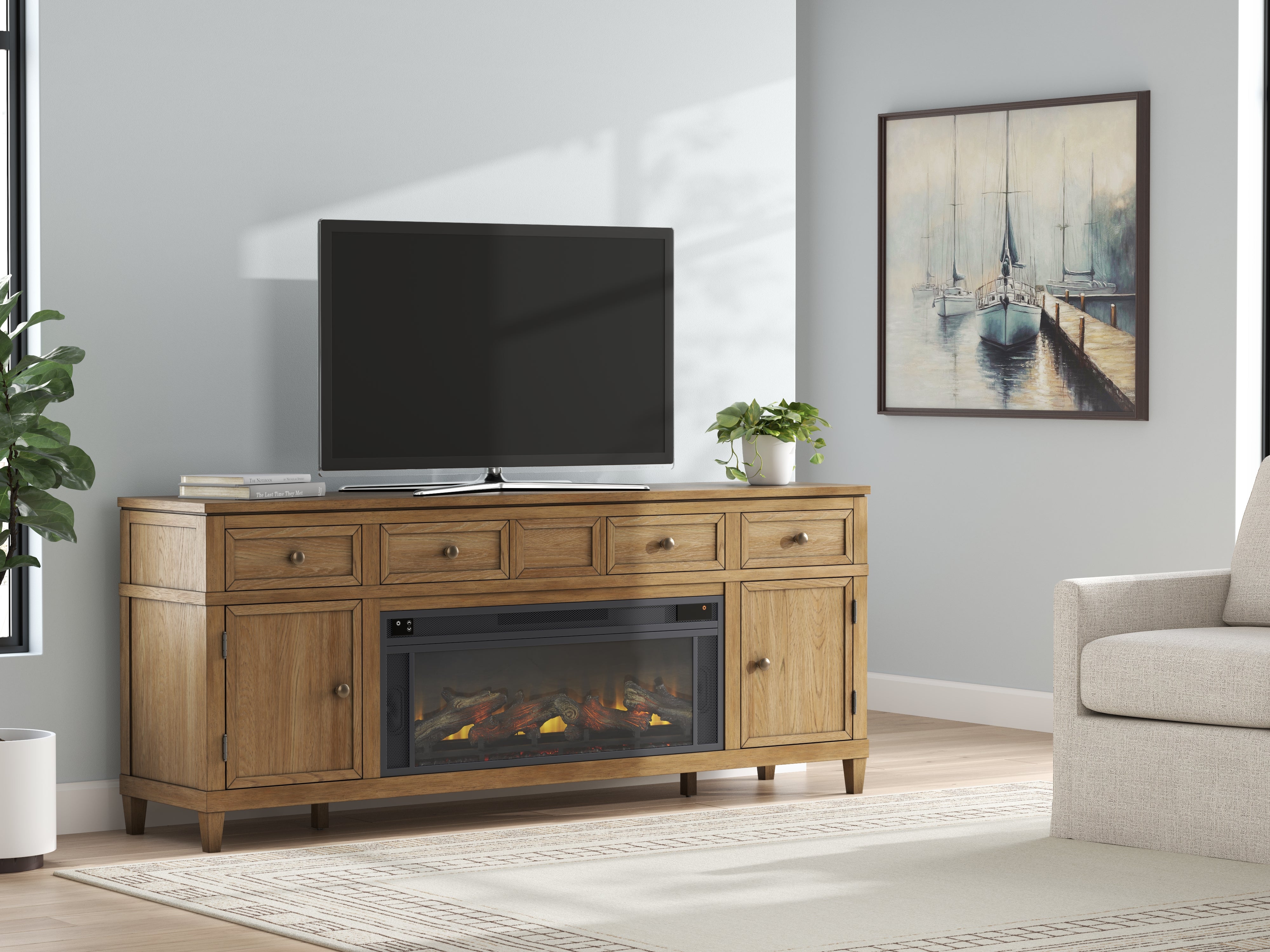 Bay Furniture Gallery - Ashley Furniture - Sharlance 81" TV Stand with Electric Fireplace - 81" TV Stand with Electric Fireplace / Light Brown - W655W1