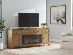 Bay Furniture Gallery - Ashley Furniture - Sharlance 81" TV Stand with Electric Fireplace - 81" TV Stand with Electric Fireplace / Light Brown - W655W1