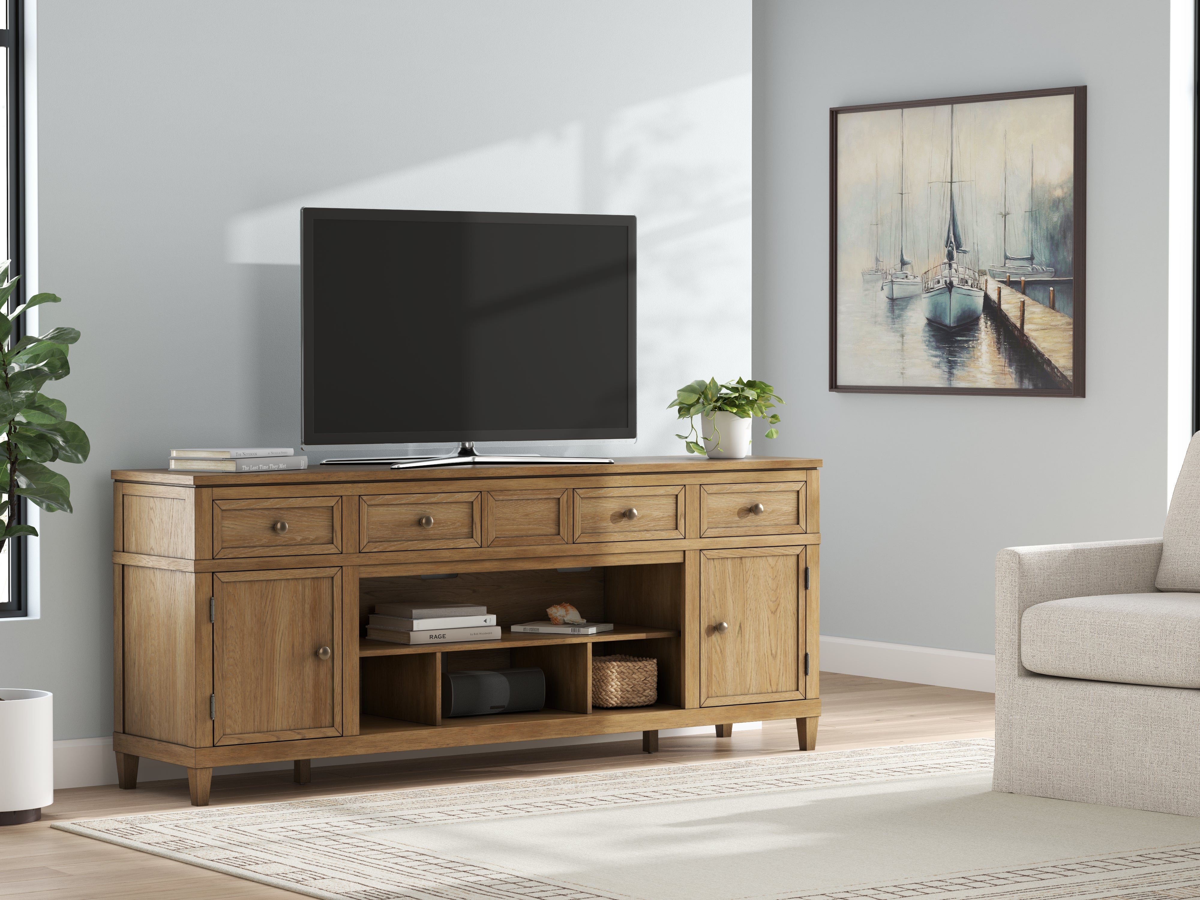 Bay Furniture Gallery - Ashley Furniture - Sharlance 81" TV Stand - 81" / Light Brown - W655-68
