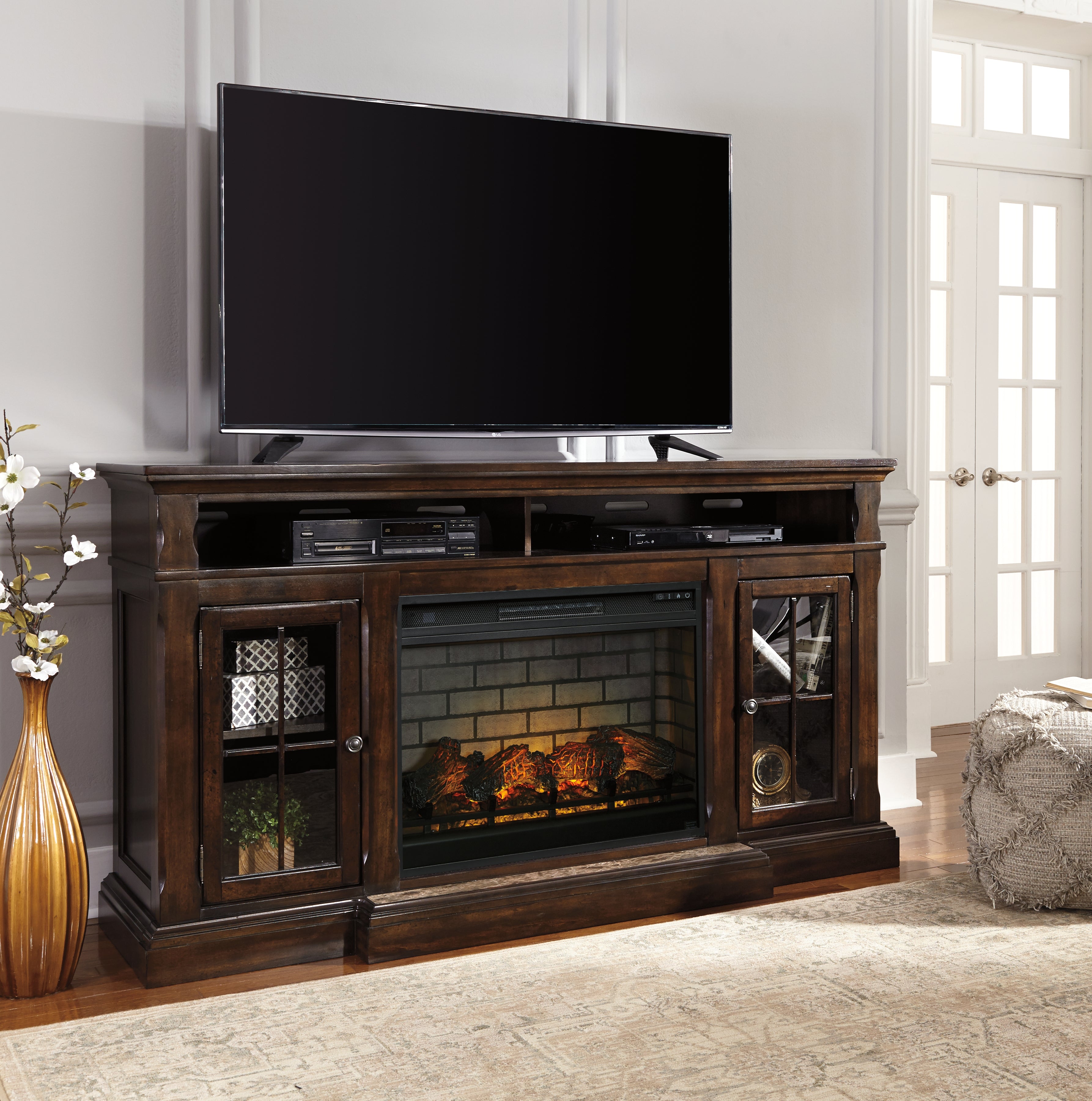 Bay Furniture Gallery - Ashley Furniture - Roddinton 72" TV Stand with Electric Fireplace - 72" TV Stand with Electric Fireplace / Dark Brown - W701W8