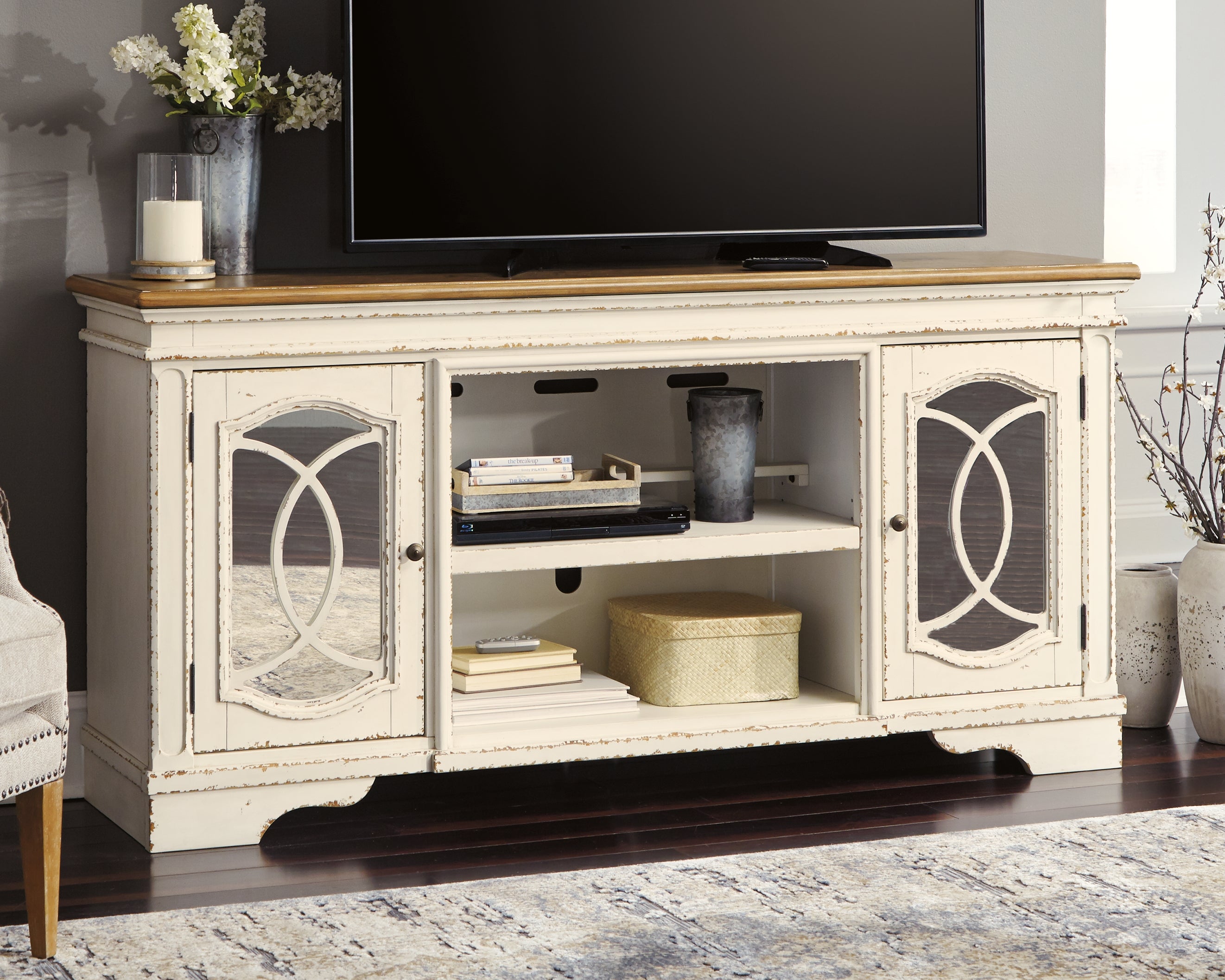 Bay Furniture Gallery - Ashley Furniture - Realyn 74" TV Stand - 74" / Chipped White - W743-68