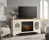 Bay Furniture Gallery - Ashley Furniture - Realyn 74" TV Stand with Electric Fireplace - 74" TV Stand with Electric Fireplace / Chipped White - W743W2