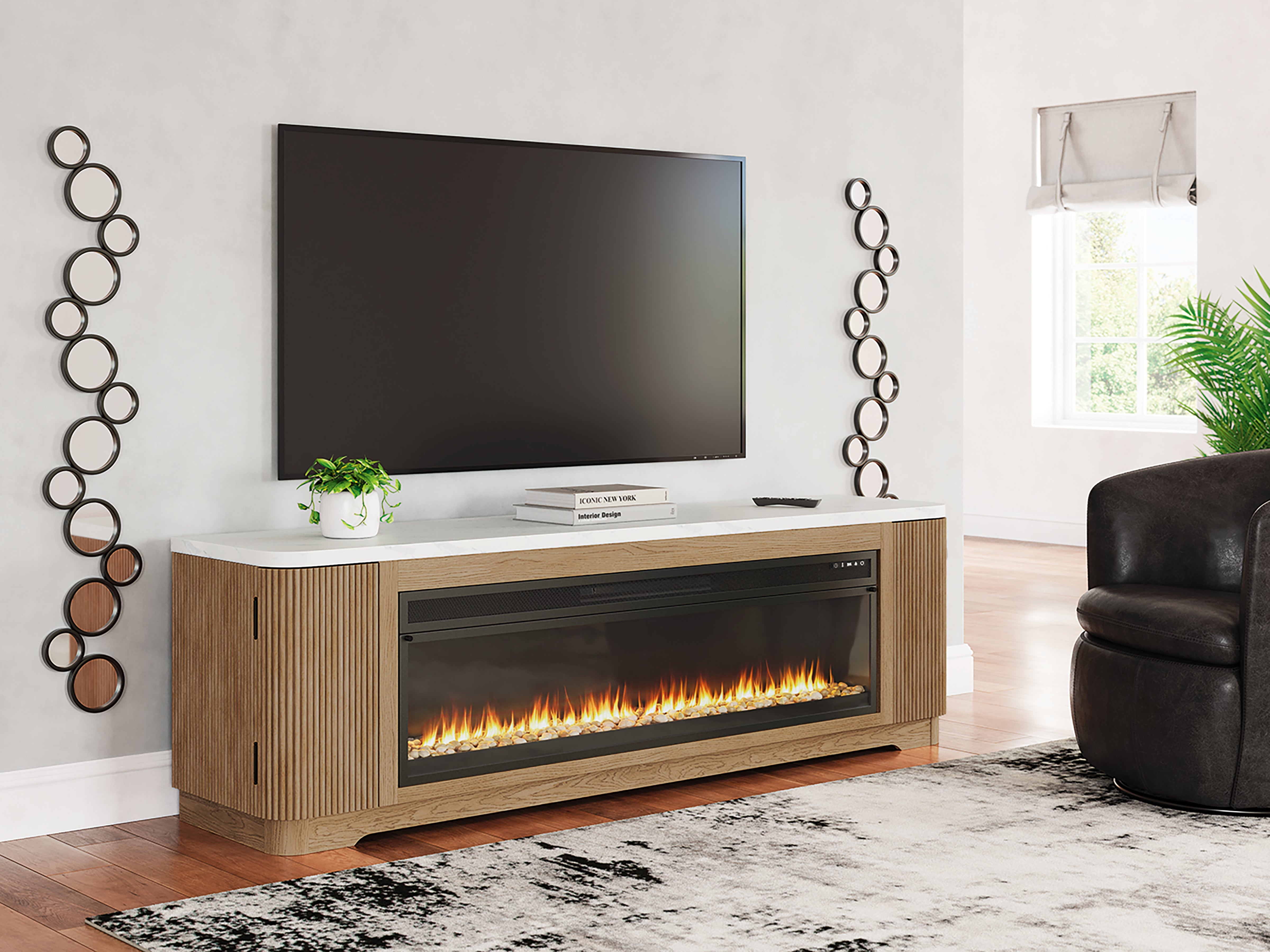 Bay Furniture Gallery - Ashley Furniture - Camdill 80" TV Stand with Electric Fireplace - 80" TV Stand with Electric Fireplace / Light Brown - W808W1