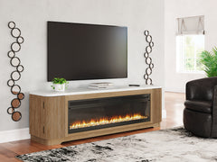 Bay Furniture Gallery - Ashley Furniture - Camdill 80" TV Stand with Electric Fireplace - 80" TV Stand with Electric Fireplace / Light Brown - W808W1