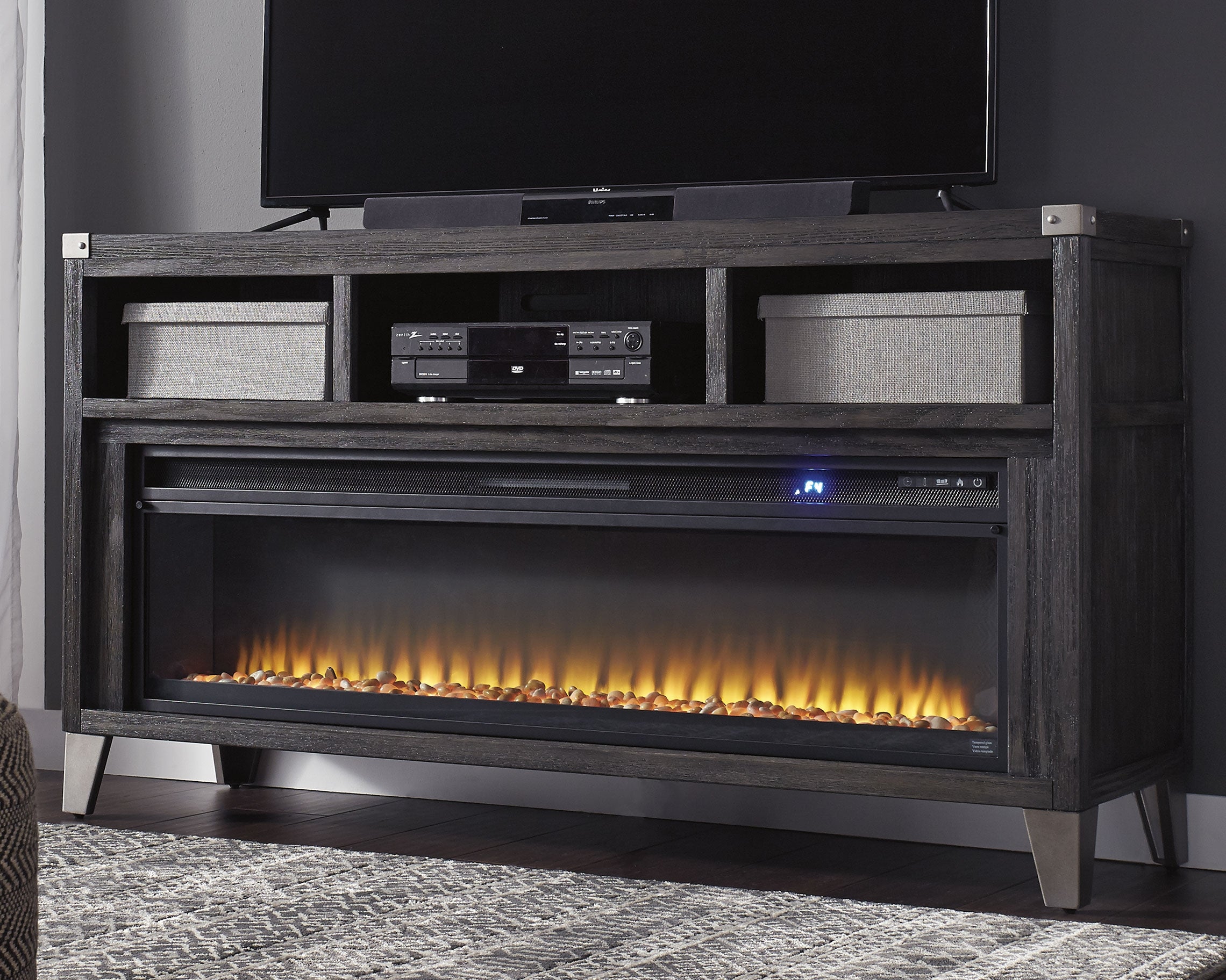 Bay Furniture Gallery - Ashley Furniture - Todoe 65" TV Stand with Electric Fireplace - 65" TV Stand with Electric Fireplace / Gray - W901W1