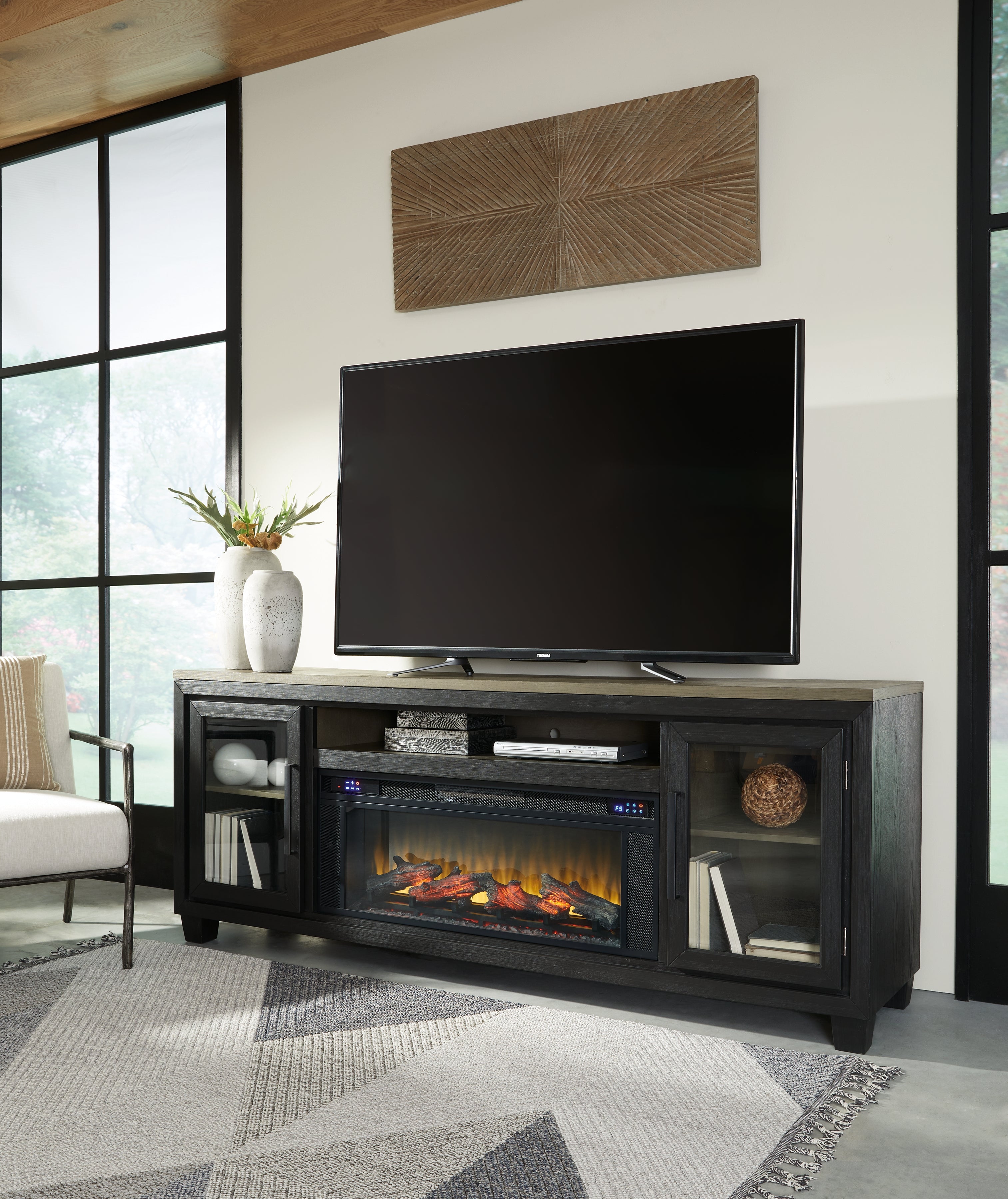 Bay Furniture Gallery - Ashley Furniture - Foyland 83" TV Stand with Electric Fireplace - 83" TV Stand with Electric Fireplace / Black/Brown - W989W1