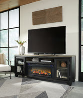Bay Furniture Gallery - Ashley Furniture - Foyland 83" TV Stand with Electric Fireplace - 83" TV Stand with Electric Fireplace / Black/Brown - W989W1