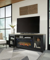 Bay Furniture Gallery - Ashley Furniture - Foyland 83" TV Stand with Electric Fireplace - 83" TV Stand with Electric Fireplace / Black/Brown - W989W1