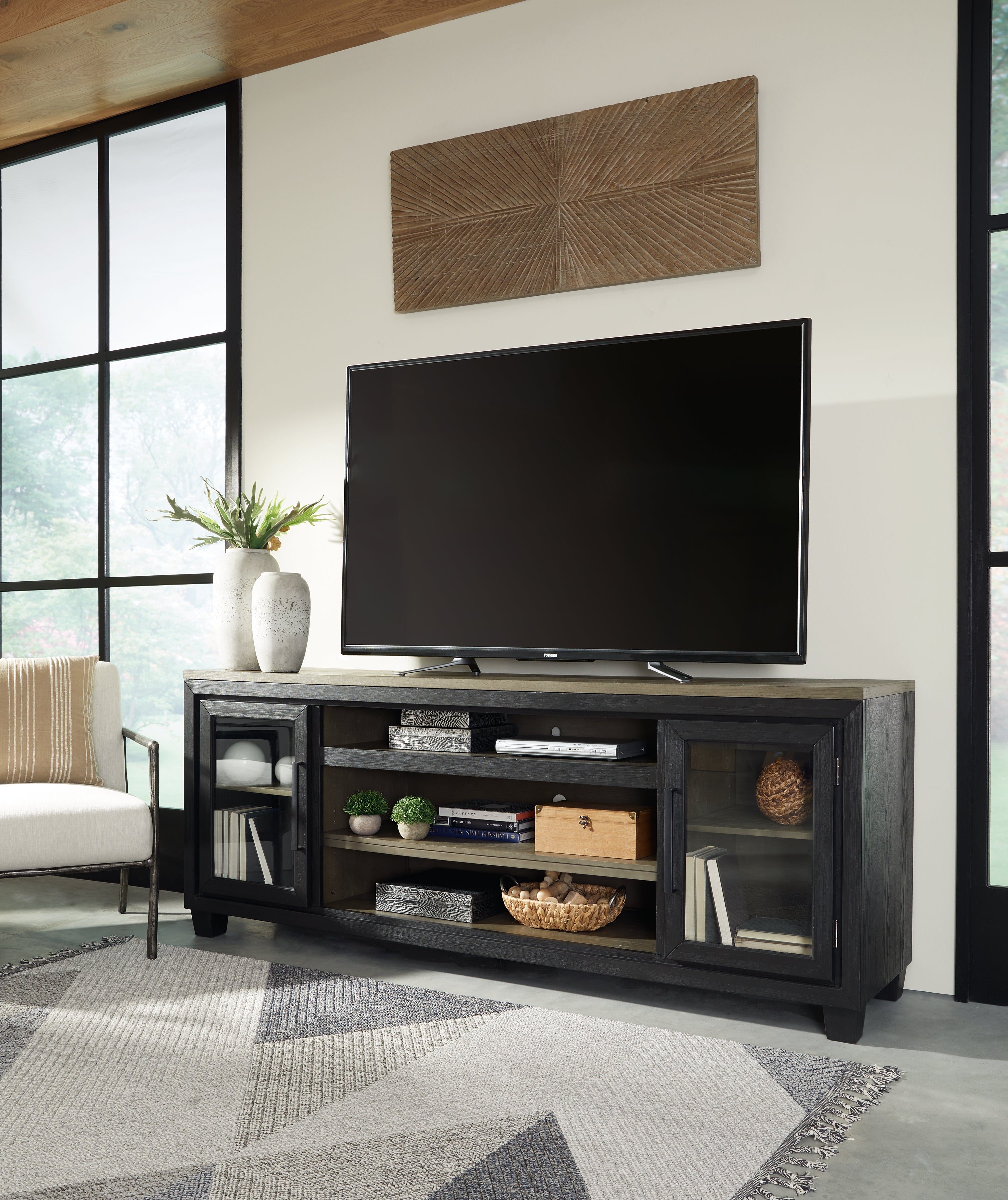 Bay Furniture Gallery - Ashley Furniture - Foyland 83" TV Stand - 83" / Black/Brown - W989-68