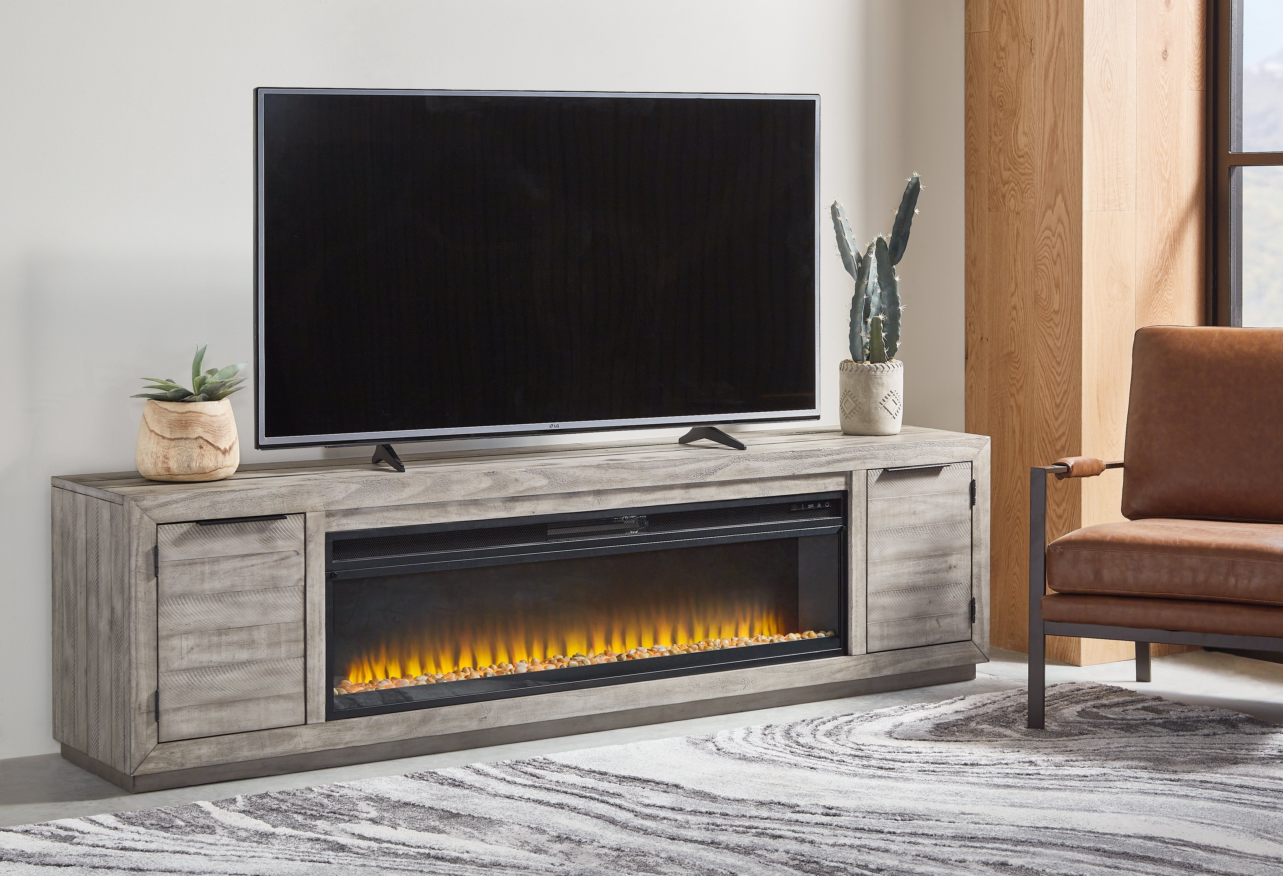 Bay Furniture Gallery - Ashley Furniture - Naydell 92" TV Stand with Electric Fireplace - 92" TV Stand with Electric Fireplace / Gray - W996W1