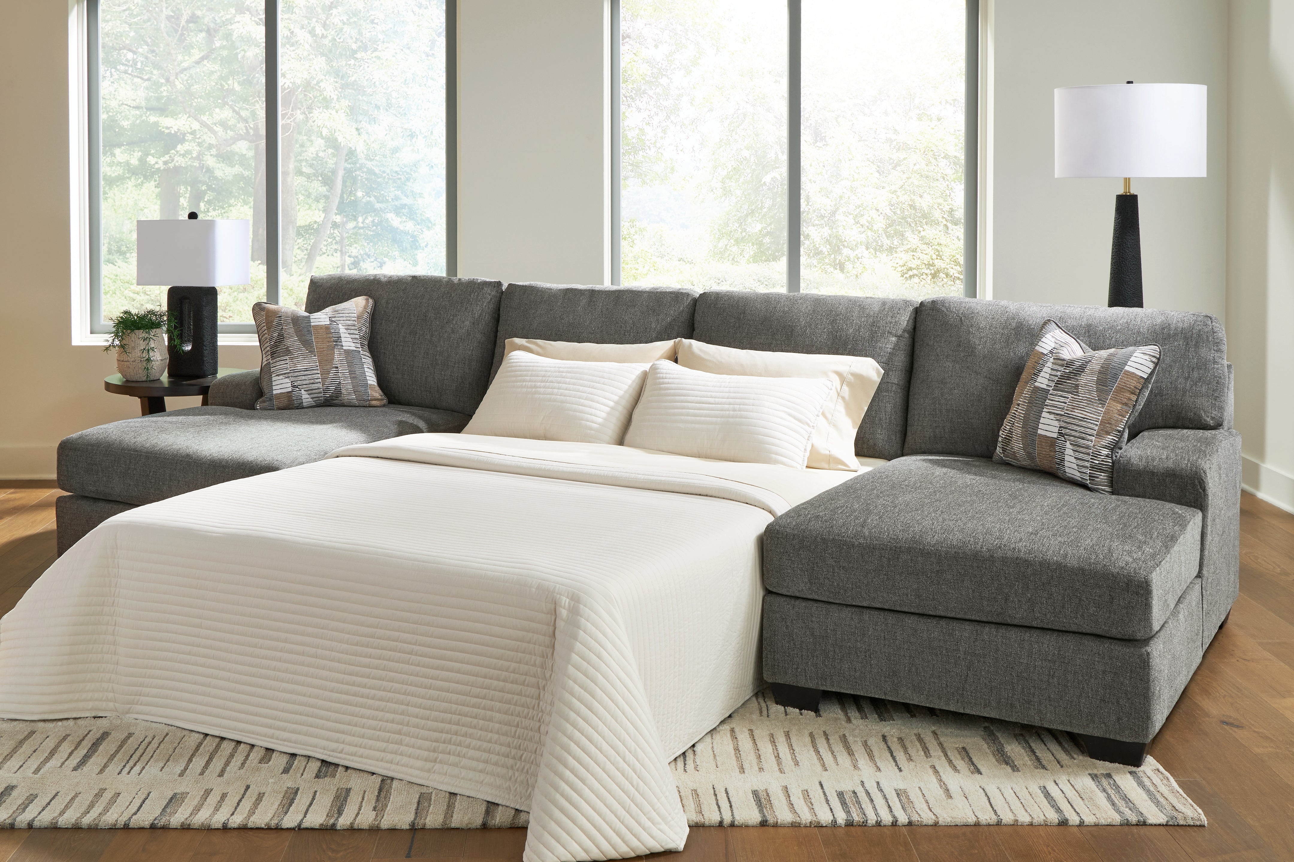 Bay Furniture Gallery - Ashley Furniture - Revenna Sectional - RAF 3-Piece Sleeper Sectional with Double Chaise / Greystone - PC48405S7
