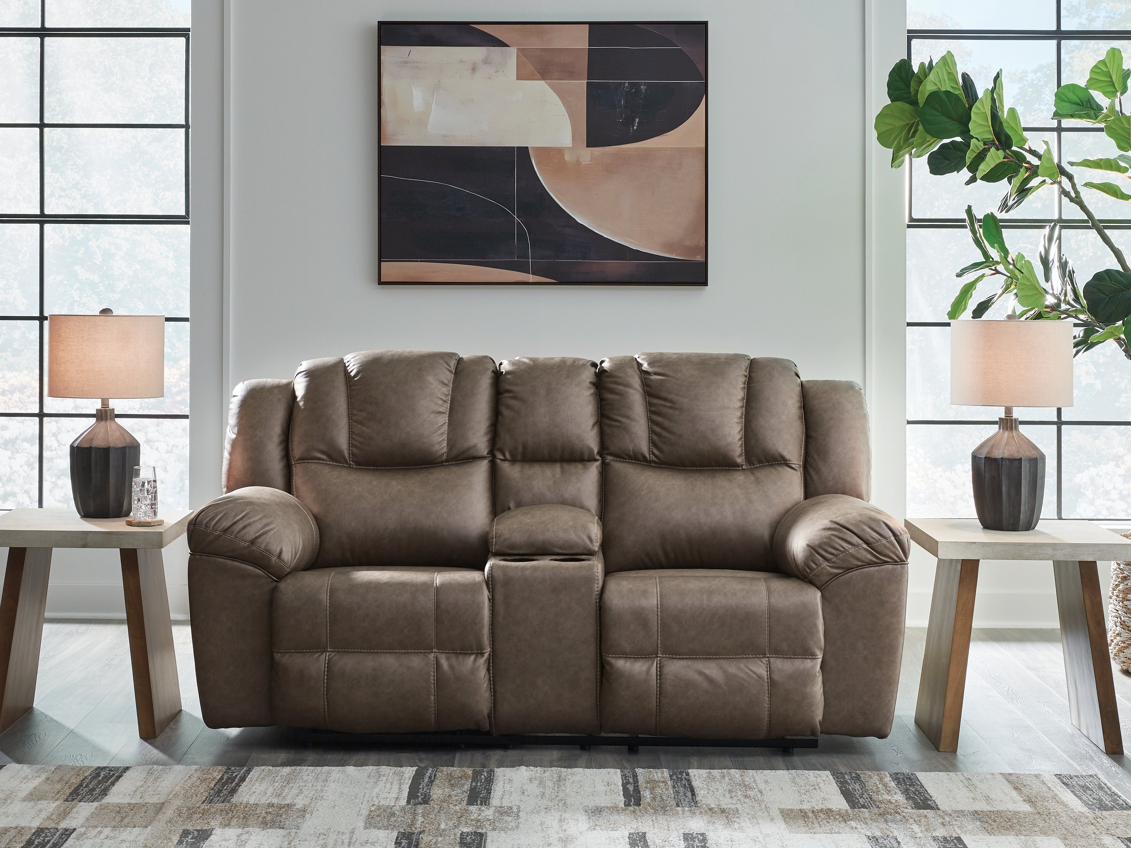Bay Furniture Gallery - Ashley Furniture - Lowilla Living Room - DBL Rec Loveseat w/Console / Driftwood - PC6450694