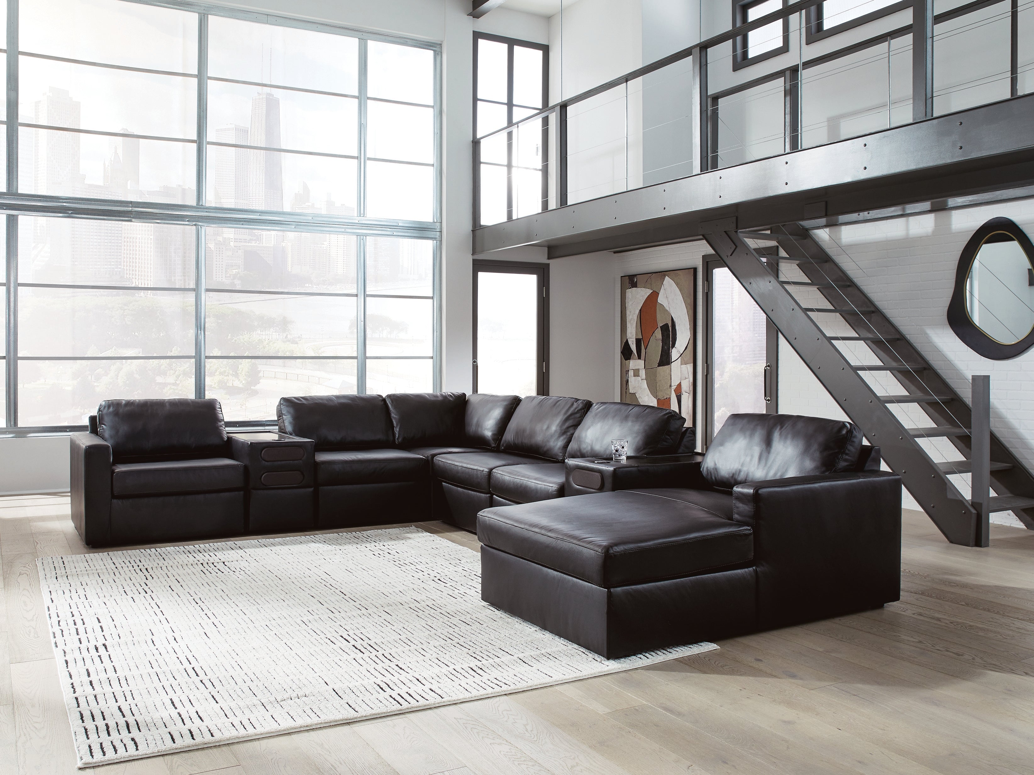 Bay Furniture Gallery - Ashley Furniture - ModMax II Sectional - RAF 8-Piece Sectional with Chaise and Audio Consoles / Black - 74305S48
