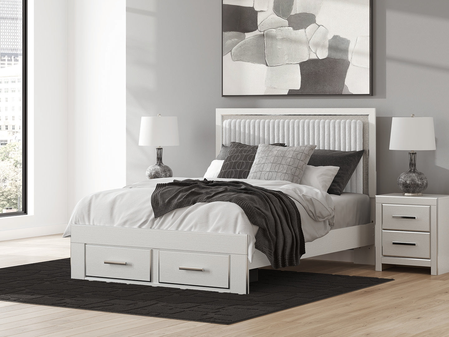 Bay Furniture Gallery - Ashley Furniture - Zuraleus Bedroom - Queen Upholstered Panel Storage Bed / White - PCB3381B4