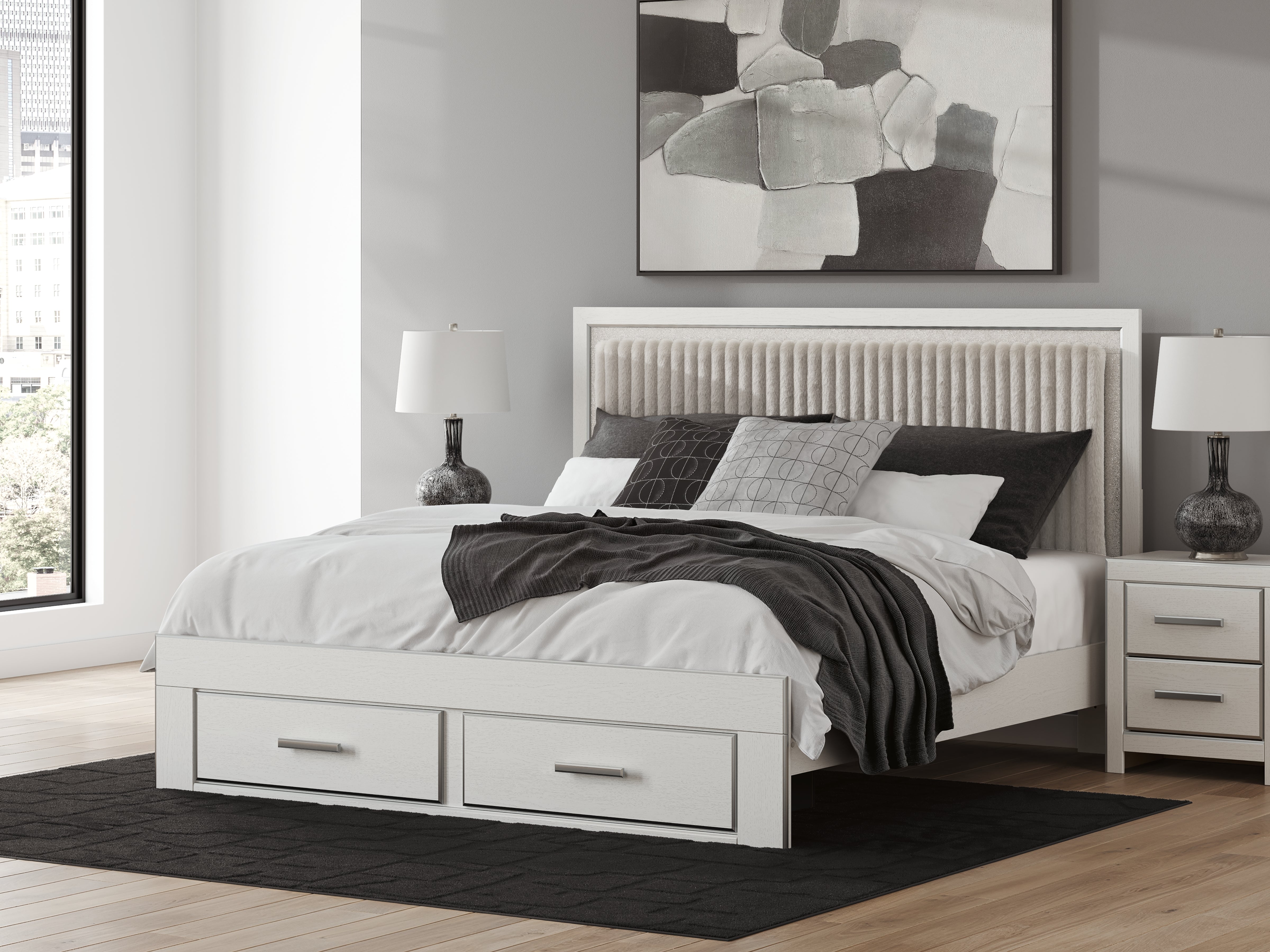 Bay Furniture Gallery - Ashley Furniture - Zuraleus Bedroom - King Upholstered Panel Storage Bed / White - PCB3381B9