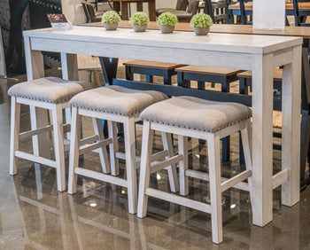 Bay Furniture Gallery - Ashley Furniture - Robbinsdale Dining Room - RECT DRM Counter TBL Set(4/CN) / Antique White / 72"W x 16"D x 36"H - D642-113