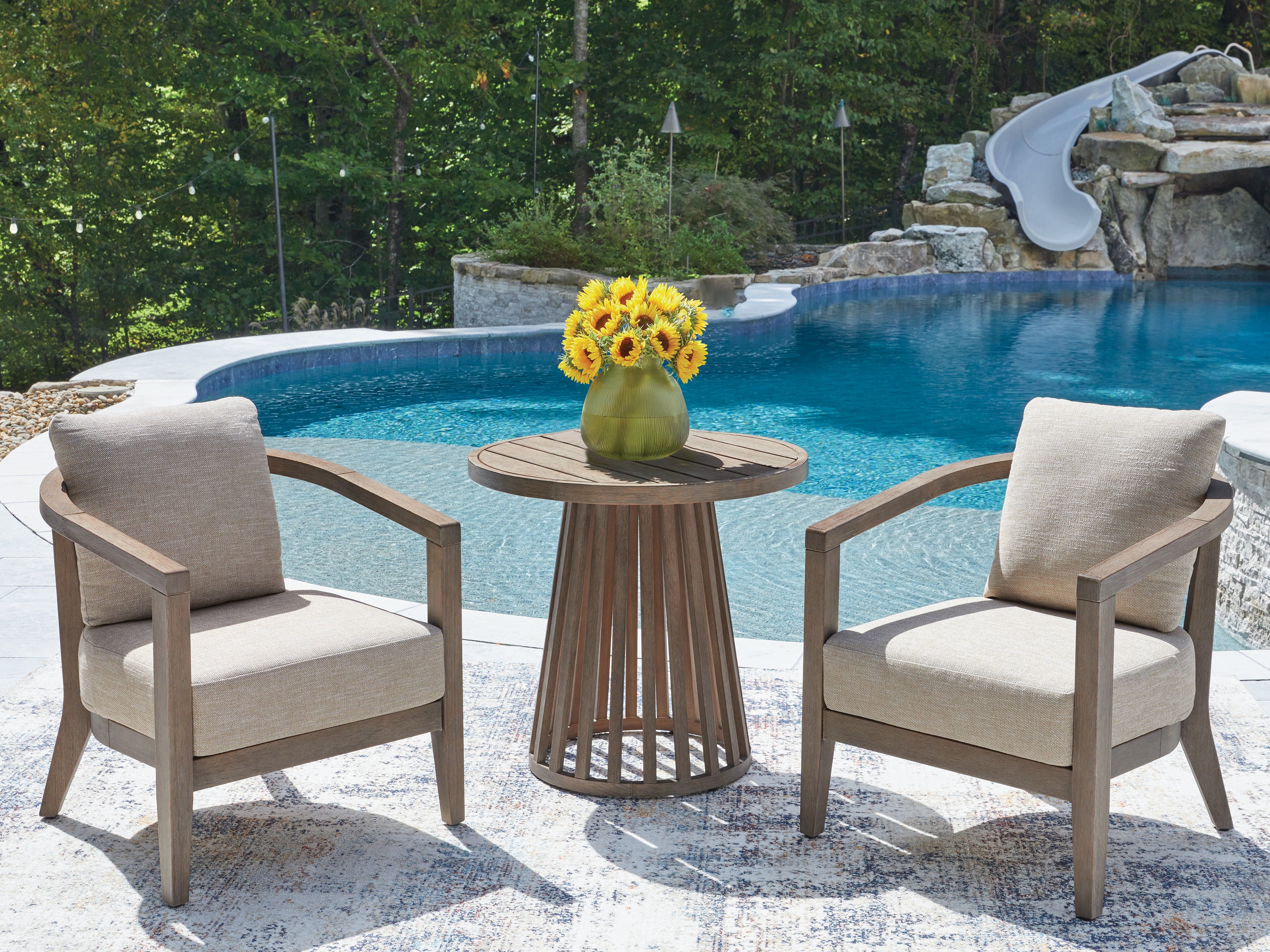 Bay Furniture Gallery - Ashley Furniture - Joy Lagoon Outdoor - Chairs w/CUSH/Table Set (3/CN) - PCP310-050