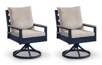 Bay Furniture Gallery - Ashley Furniture - East Beach Outdoor - Swivel Chair w/Cushion (Set of 2) / Navy Blue/Driftwood - PCP587-602A